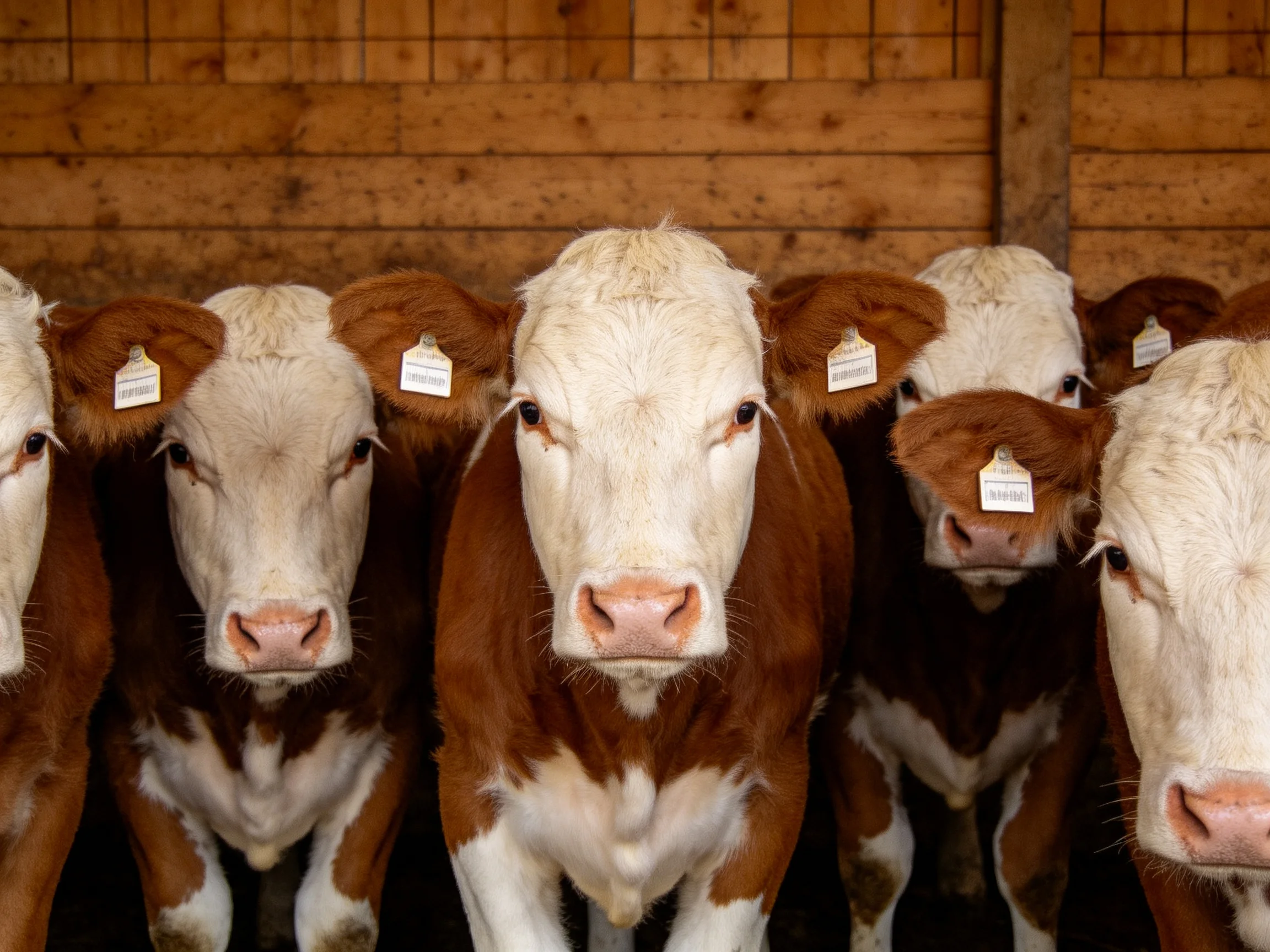 Six brown-and-white calves grouped in a wooden barn
