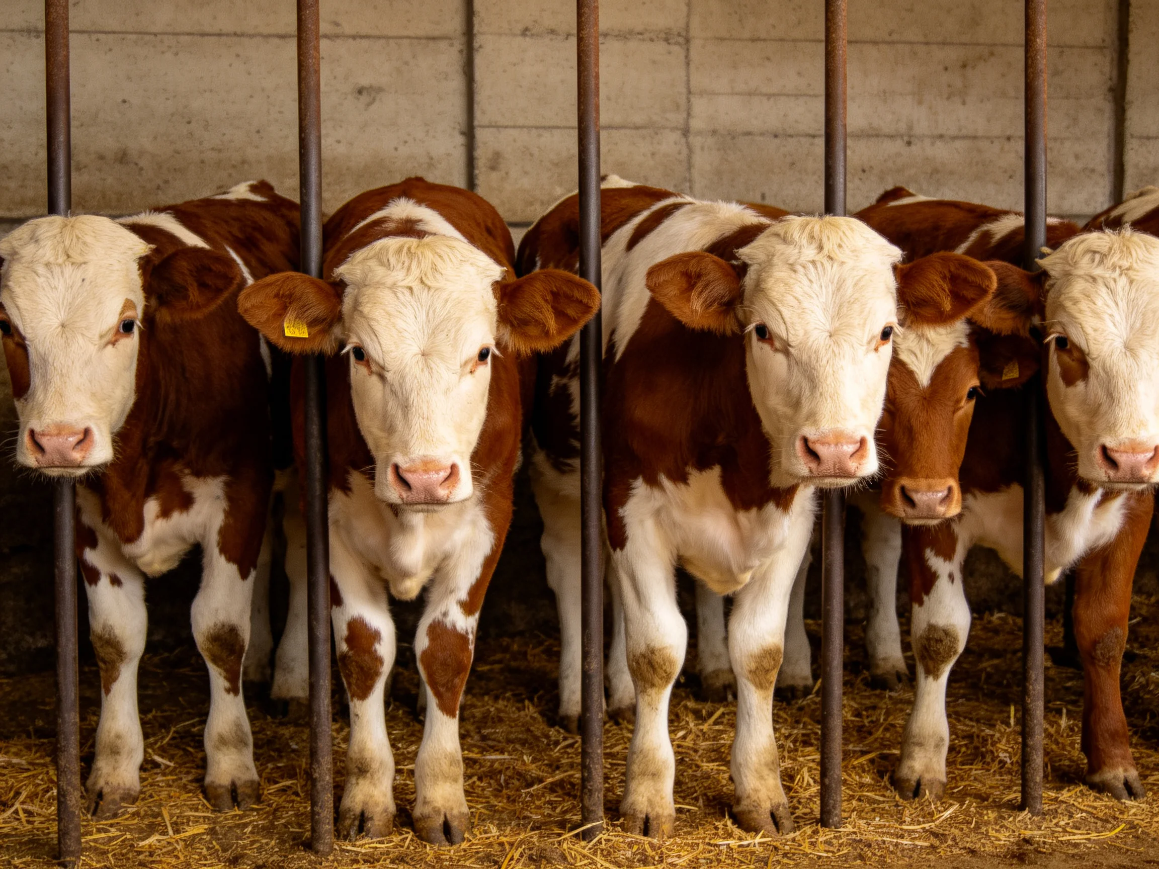 Six brown-and-white calves stand behind metal bars in a barn