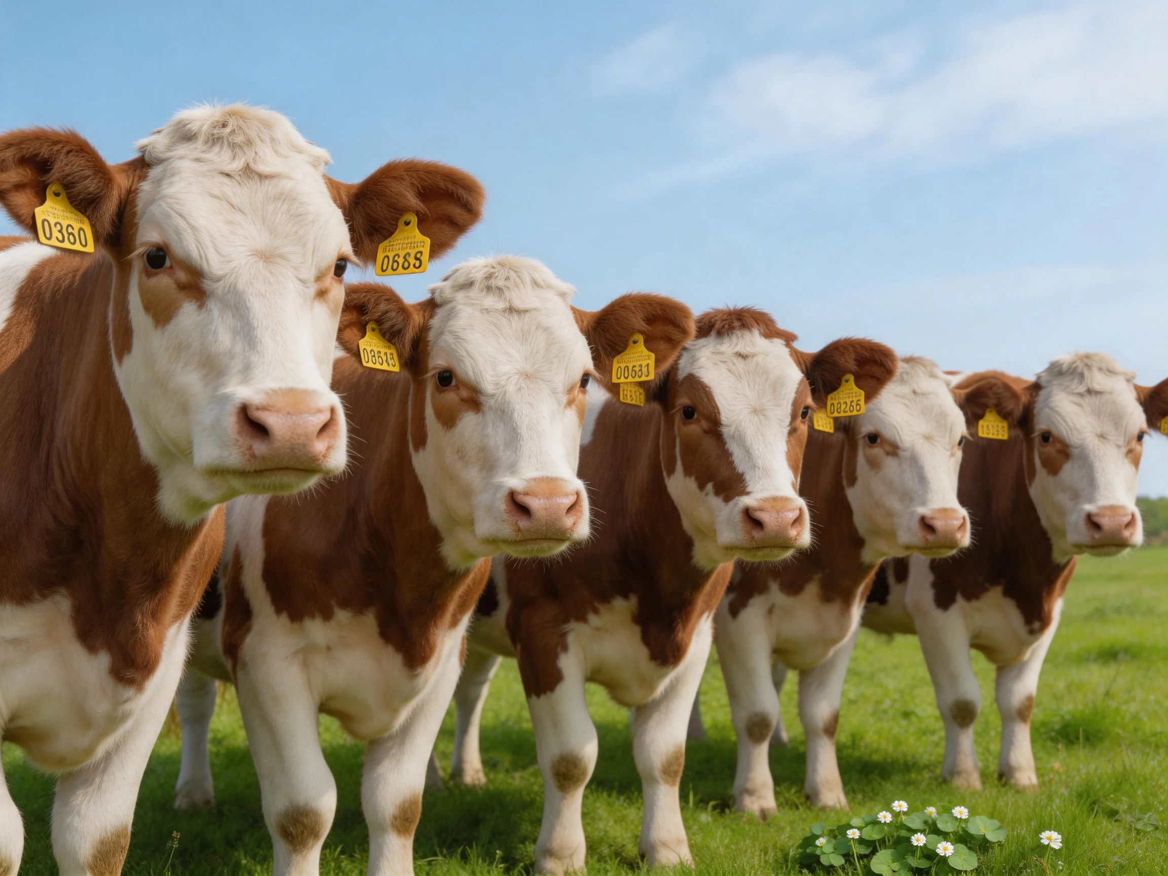 Six brown-and-white cattle stand in a row on a green pasture