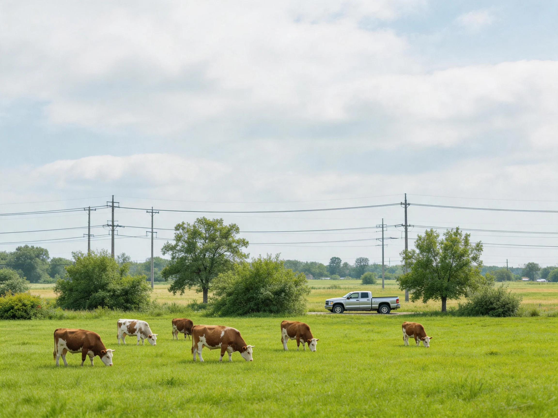 Six brown-and-white cows graze in a green pasture with a silver truck