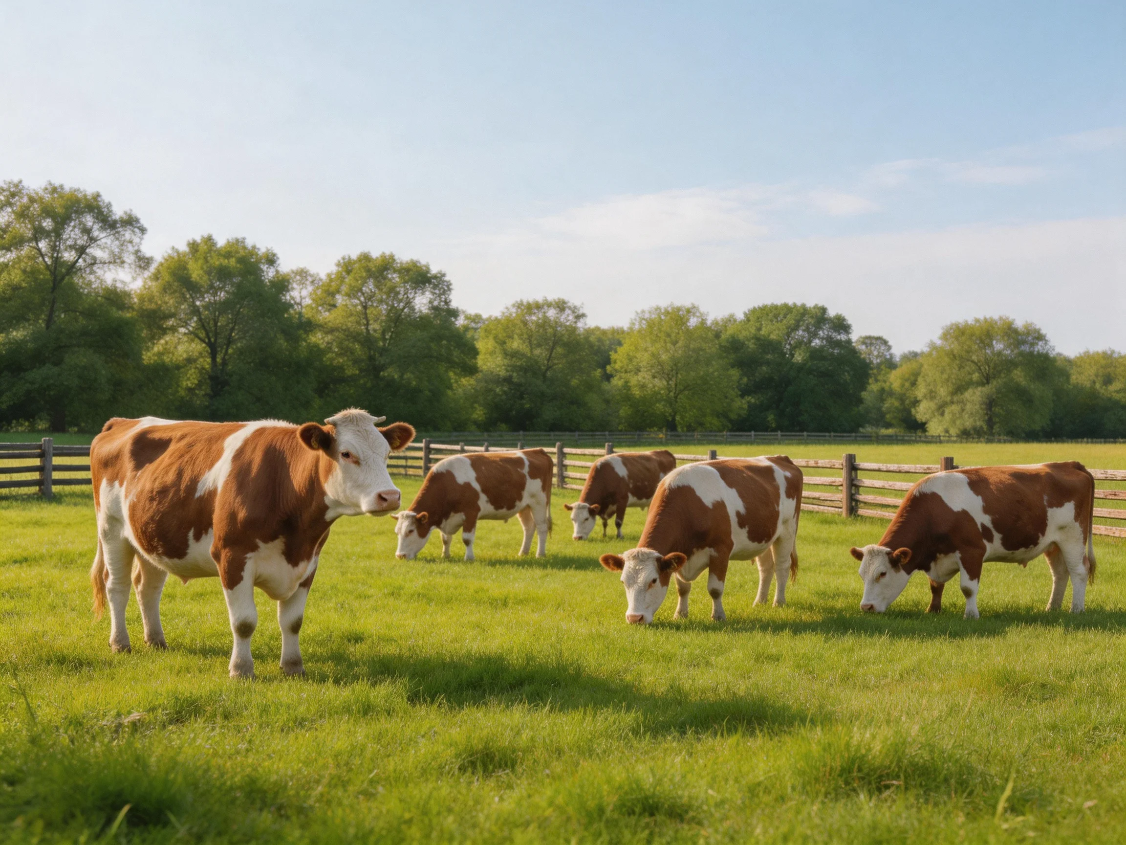 Six brown-and-white cows graze in a sunlit green pasture with wooden fences
