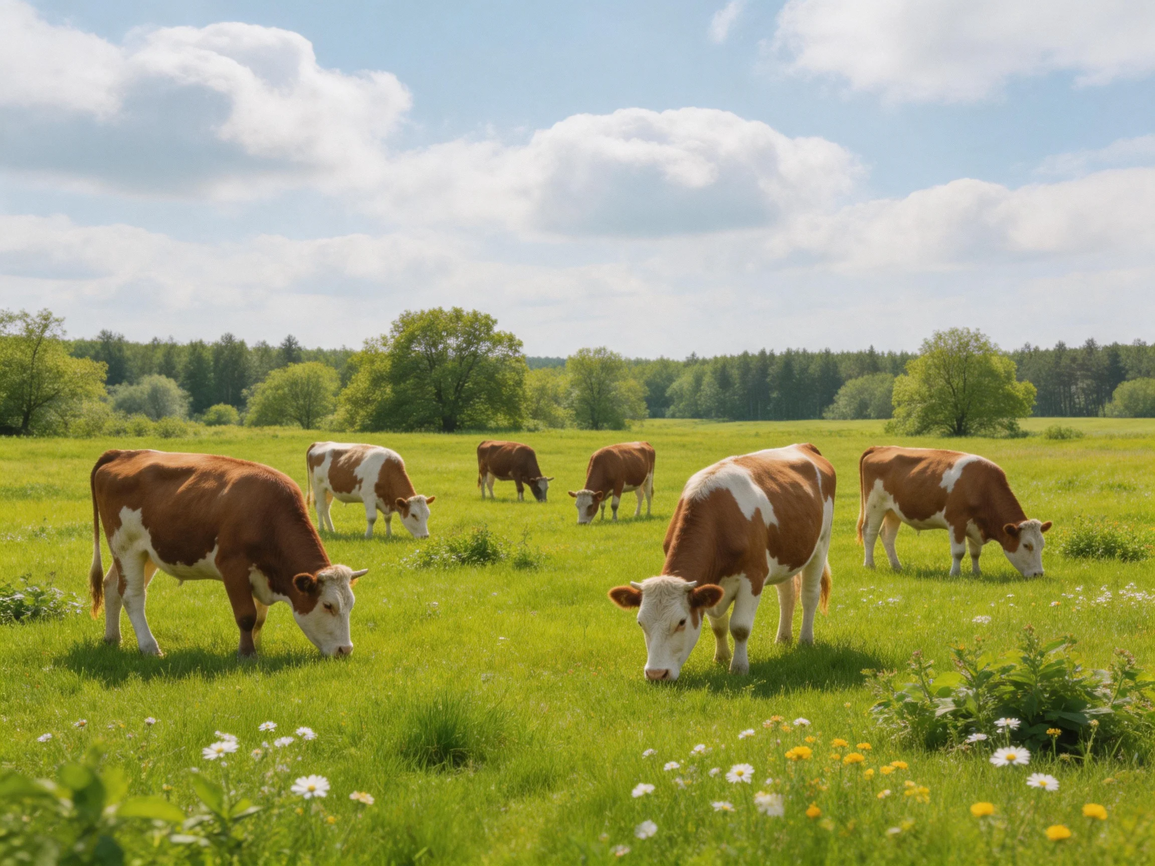 Six cows graze in a sunlit green pasture near distant trees.