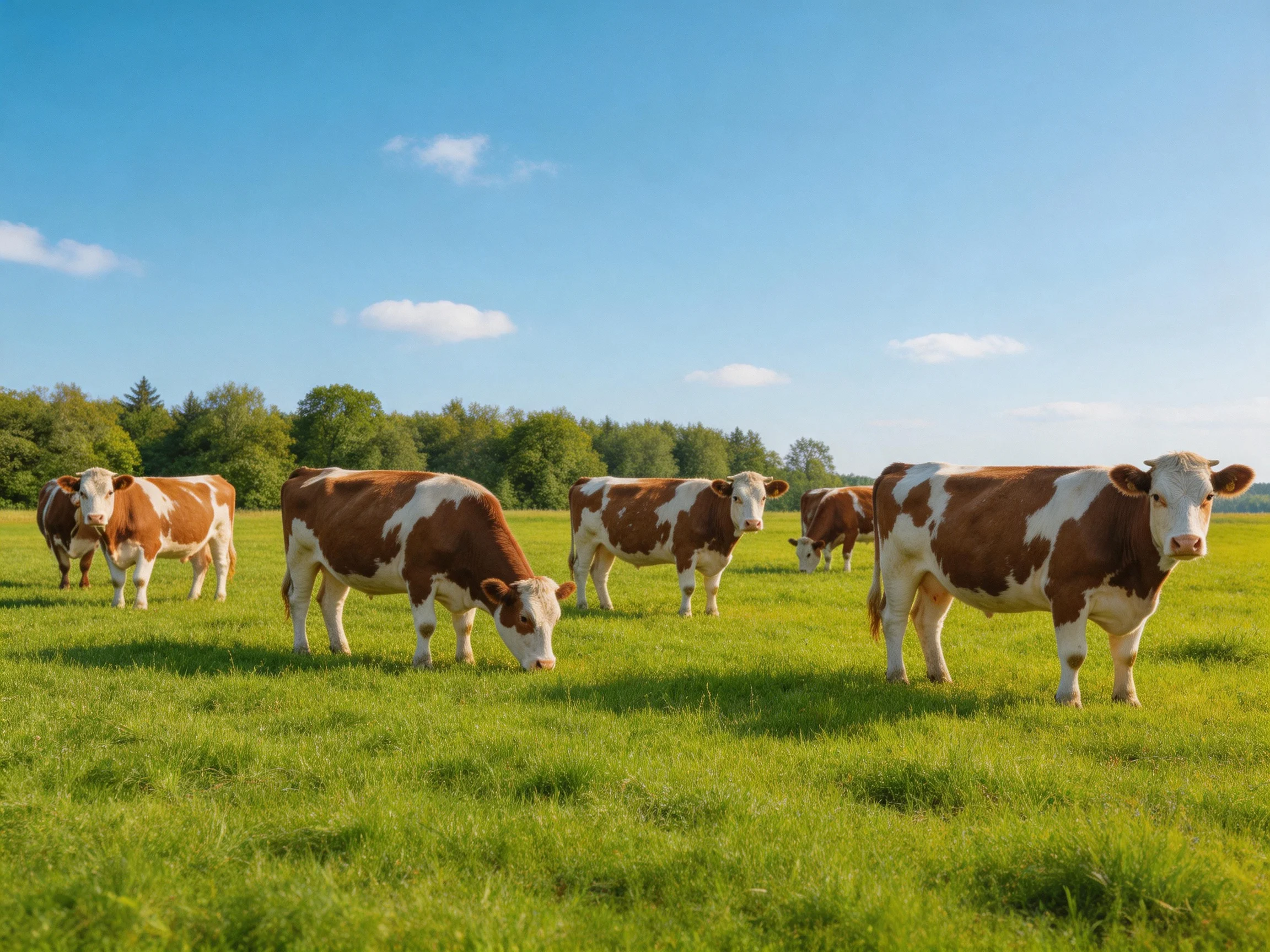 Six brown-and-white cows graze in a sunlit green pasture.