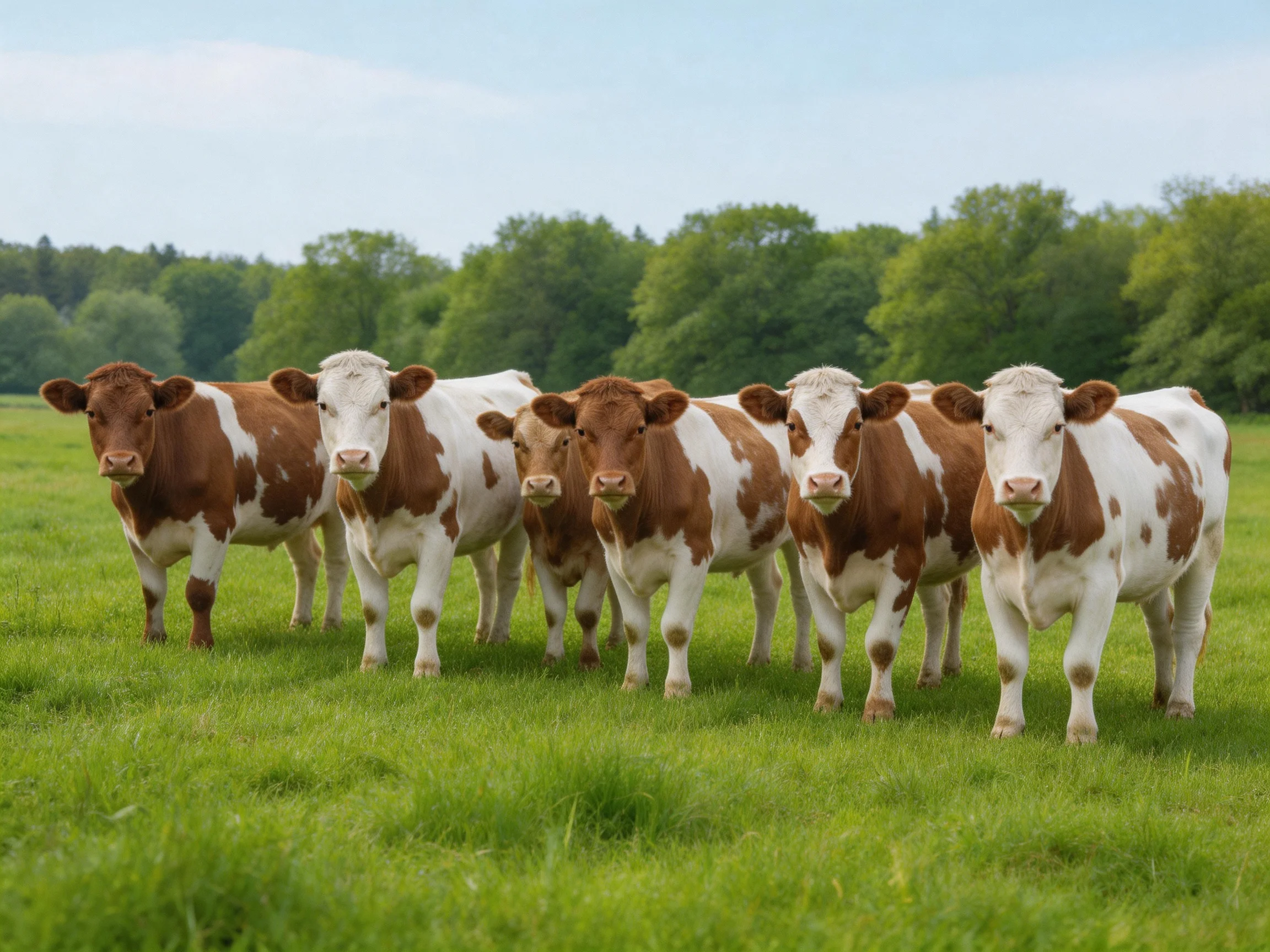 Six brown-and-white cows stand in a lush green pasture