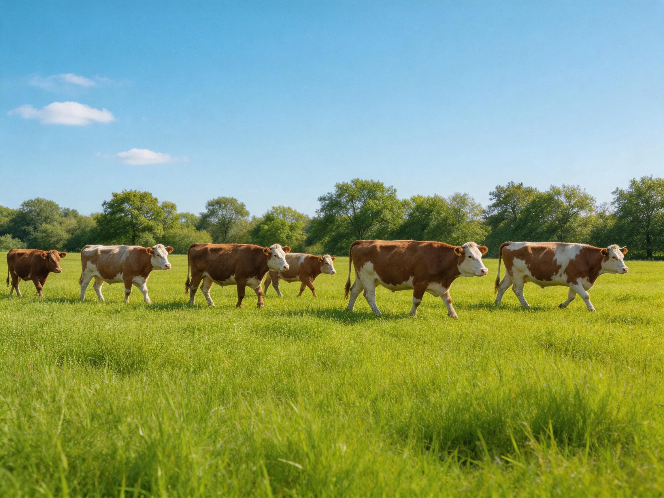 Six brown-and-white cows traverse a lush green pasture under clear blue skies