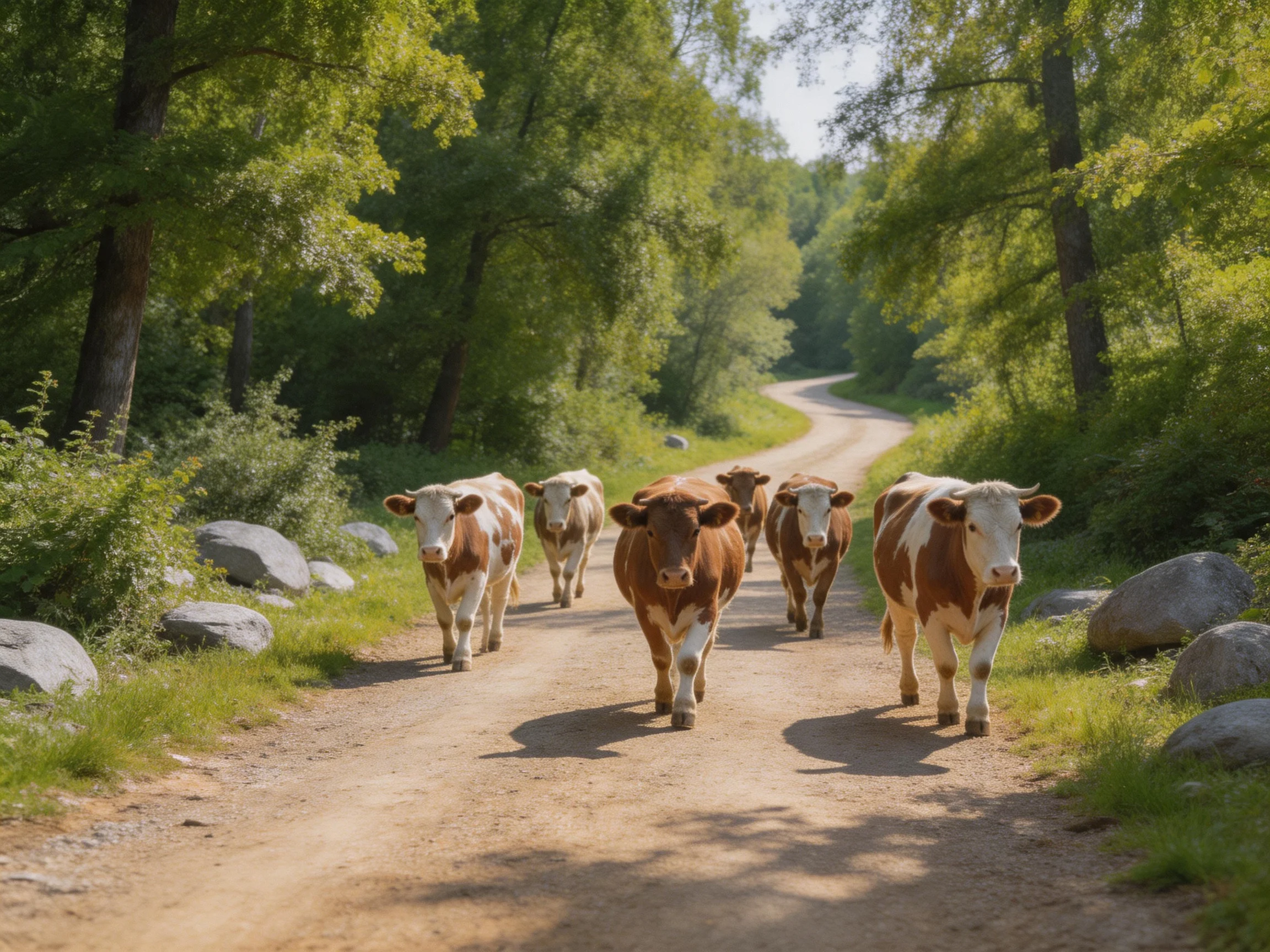 Six brown-and-white cows walk down a sunlit forest path