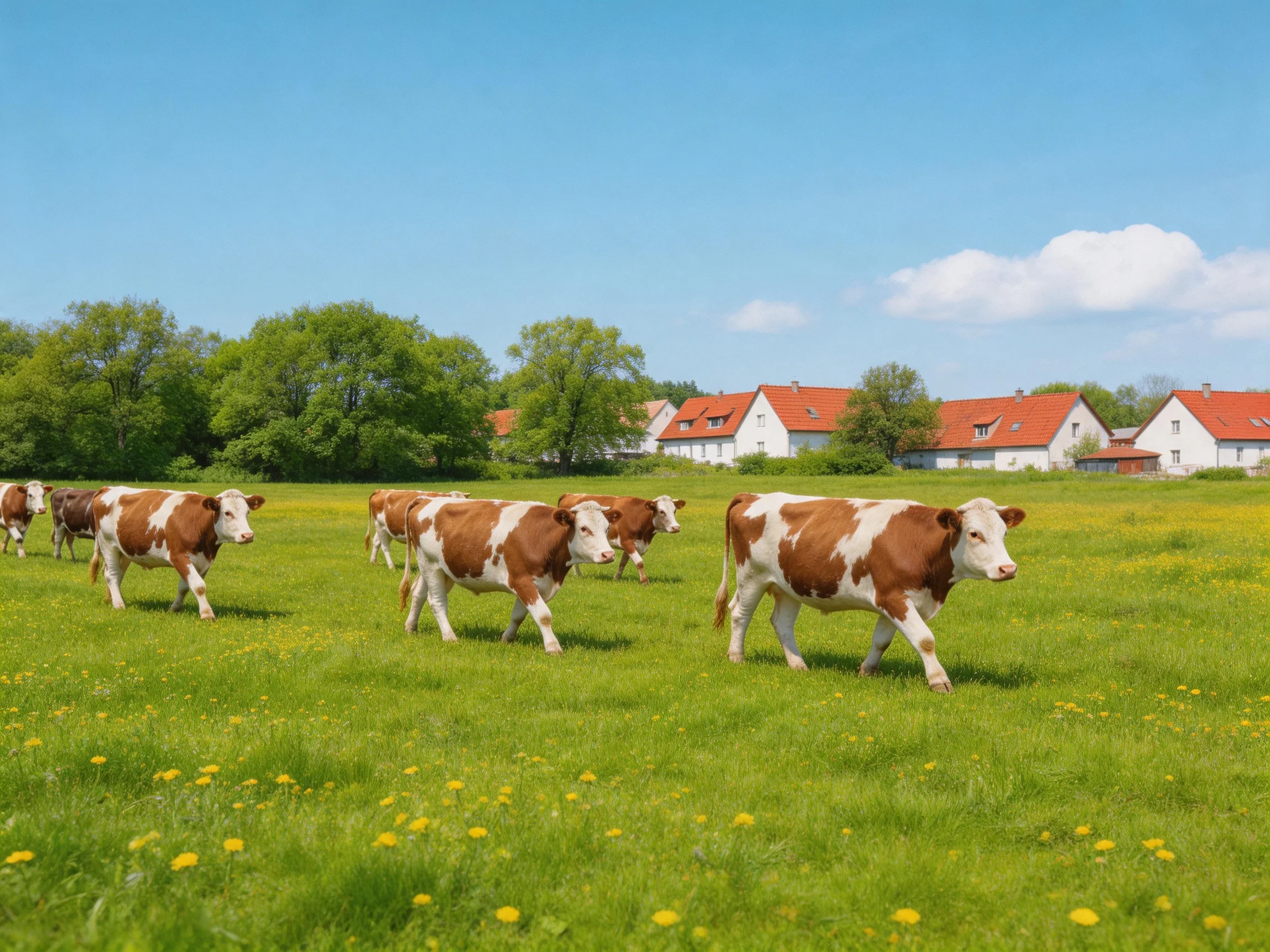 Six brown-and-white cows walk through a lush green meadow near white houses