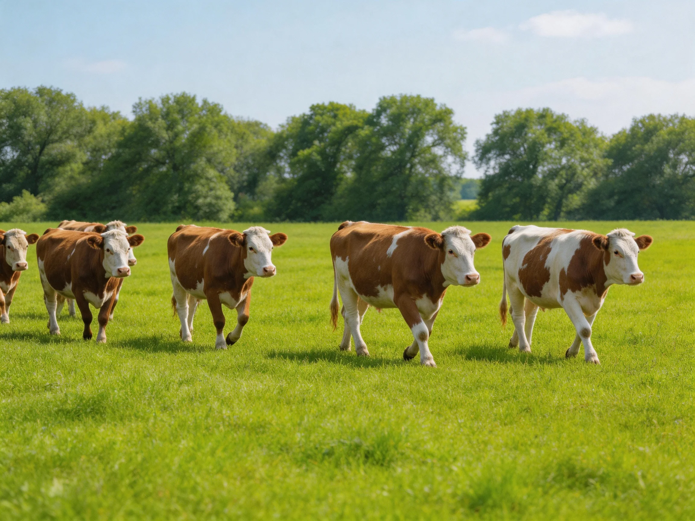 Six brown-and-white cows wandering through a verdant pasture