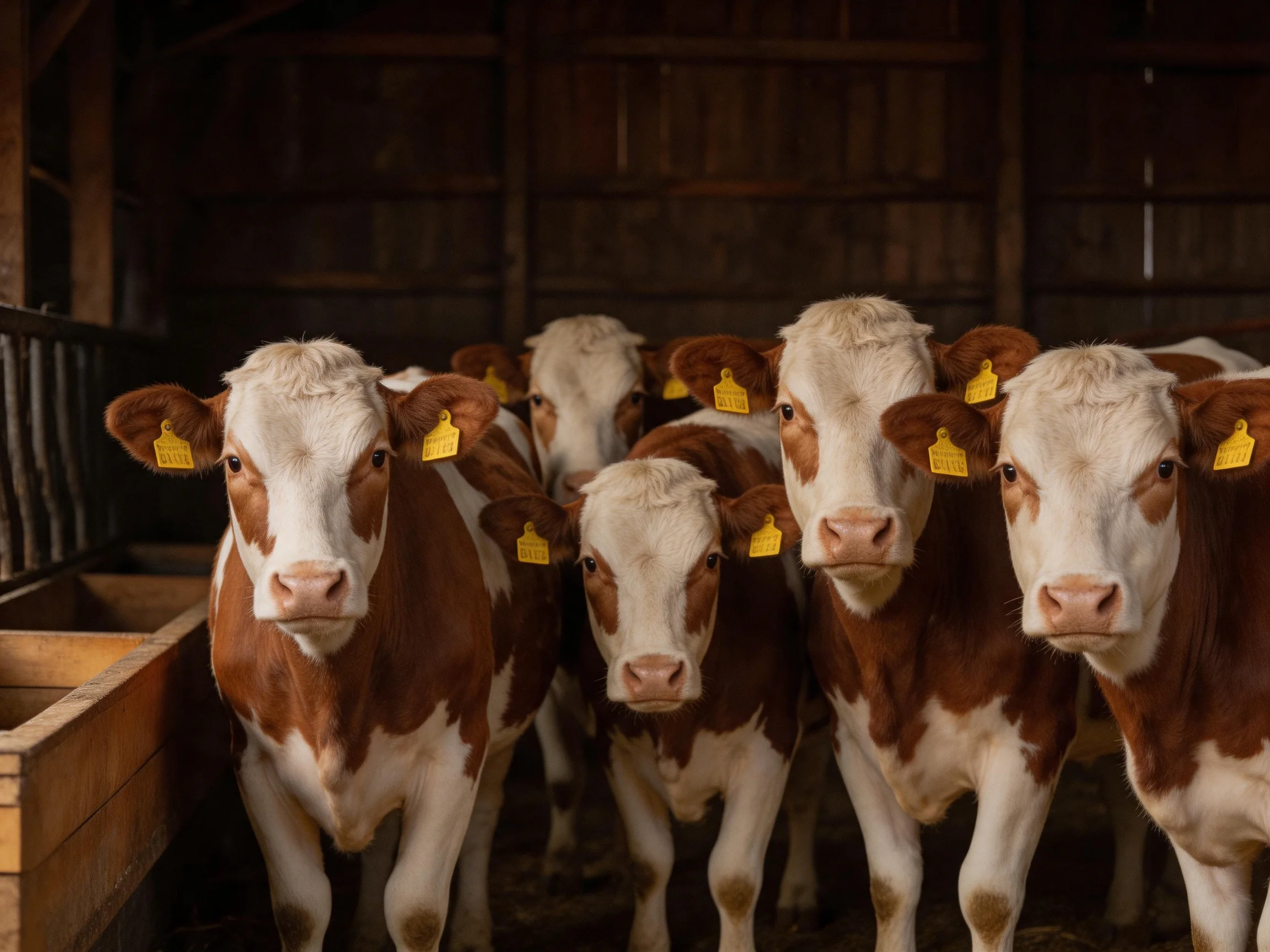 Six brown-and-white cows with yellow ear tags in a dim barn
