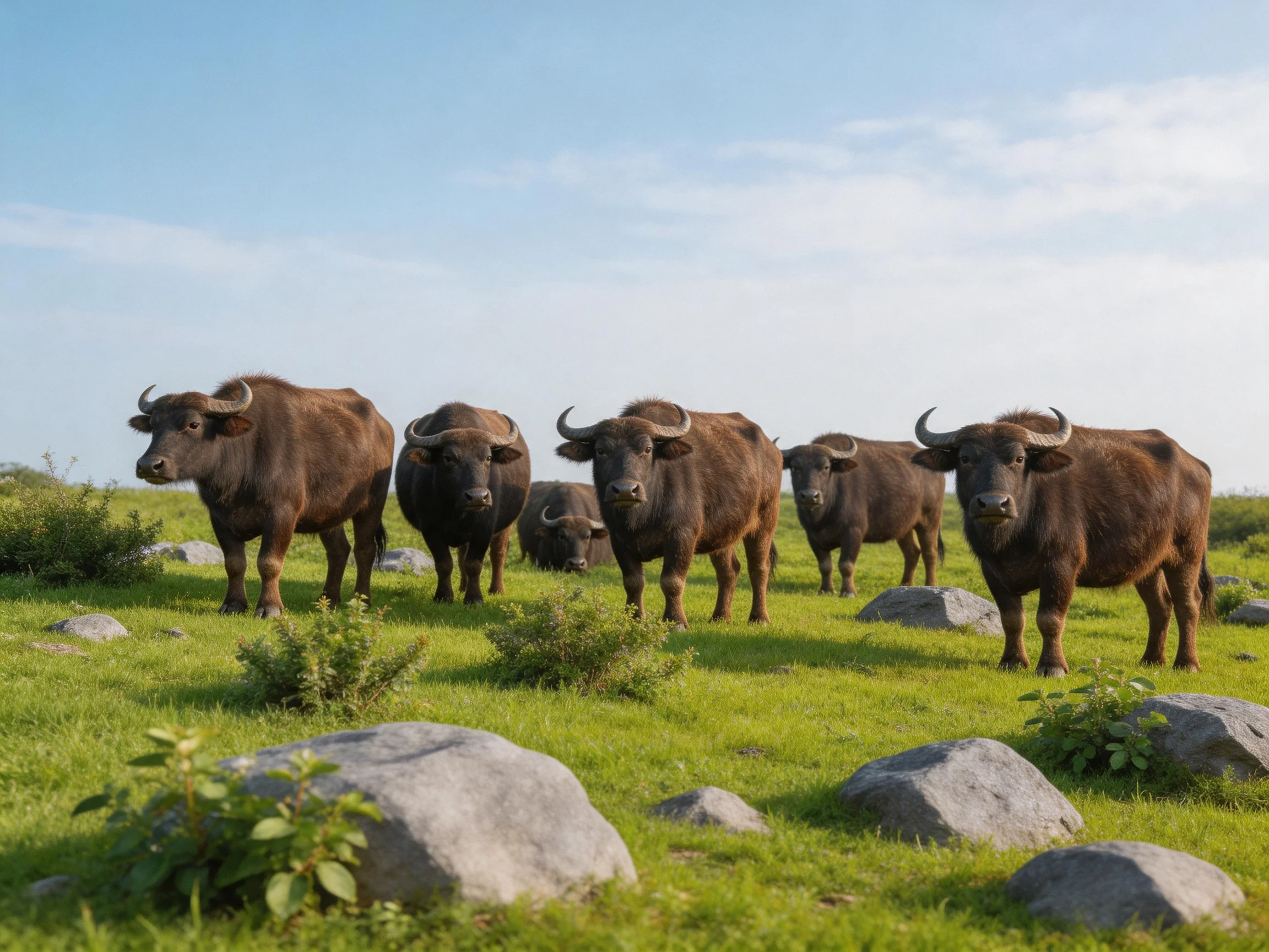 Six brown buffalo graze in a lush green meadow with scattered rocks