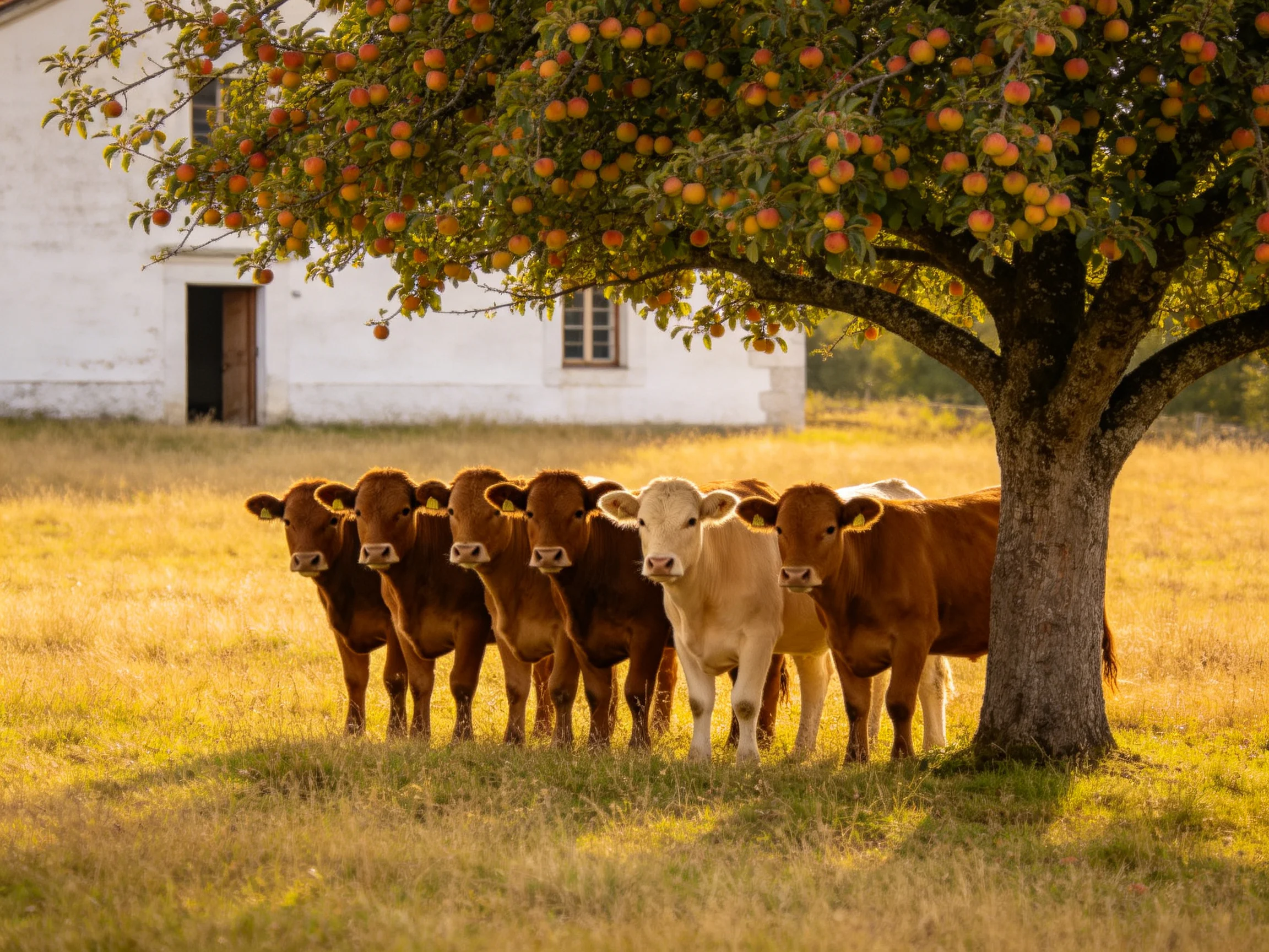 Six brown calves and one cream calf gather under a fruit-laden tree beside a white building