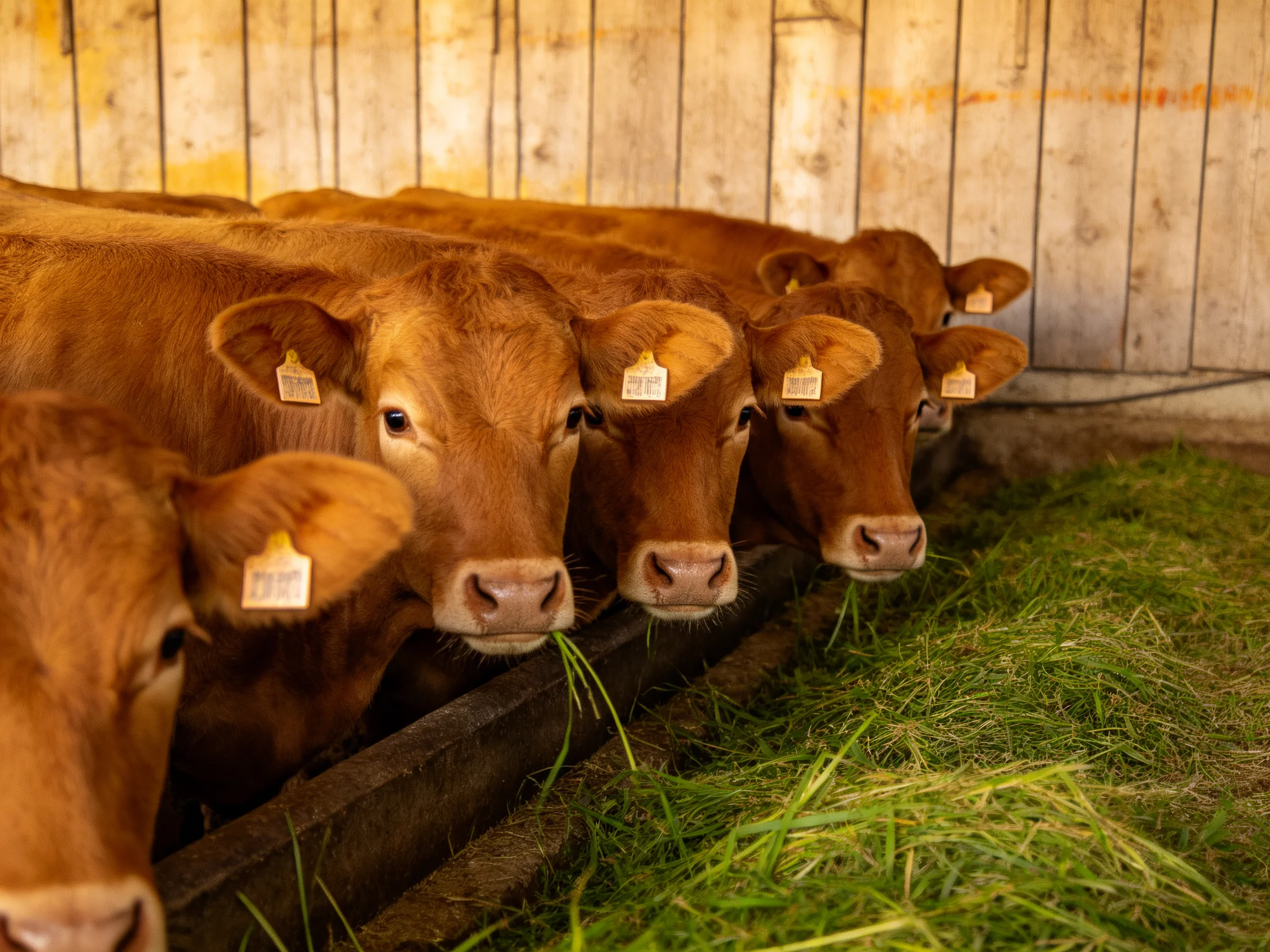 Six brown calves eat fresh green hay near a weathered wooden wall