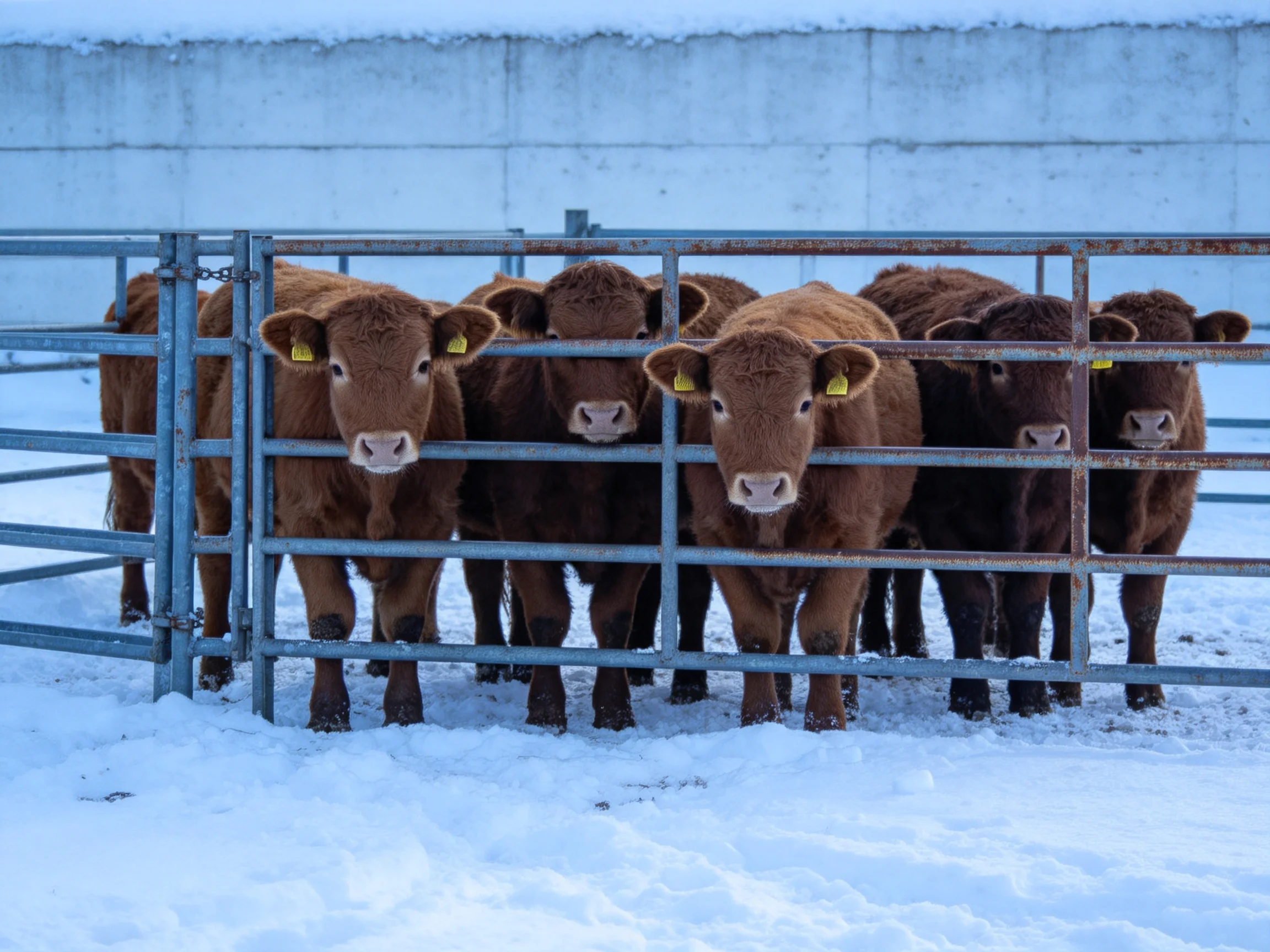 Six brown calves gather behind a metal fence in a snowy enclosure