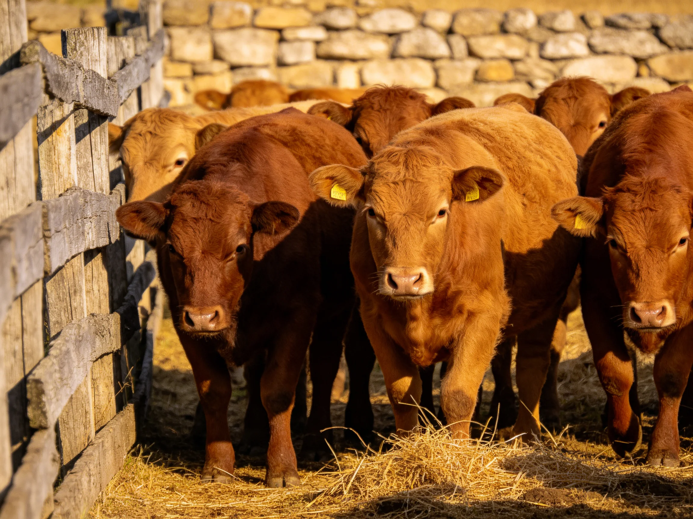 Six brown calves gather by a wooden fence with hay