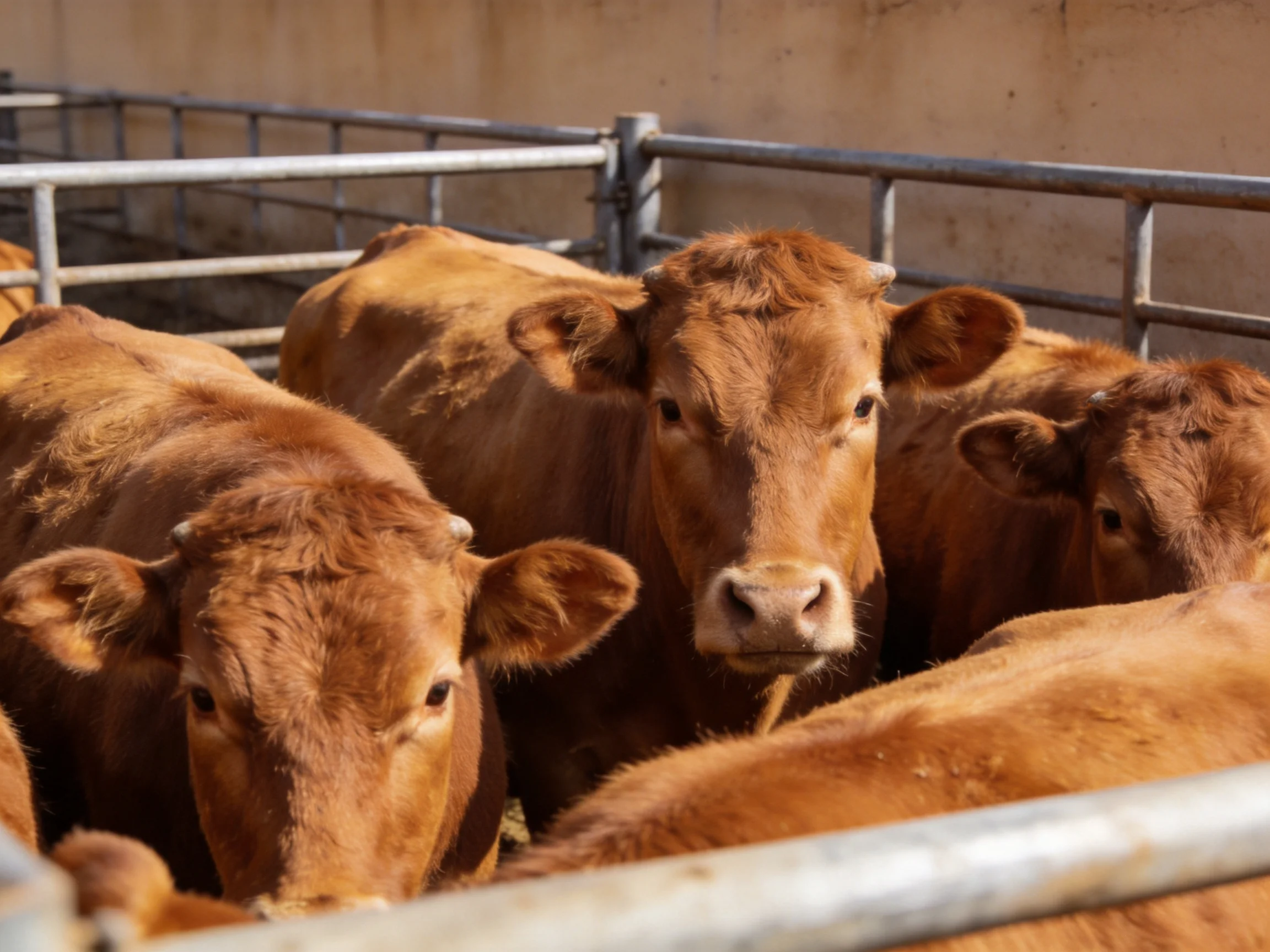 Six brown cattle clustered in a metal livestock pen