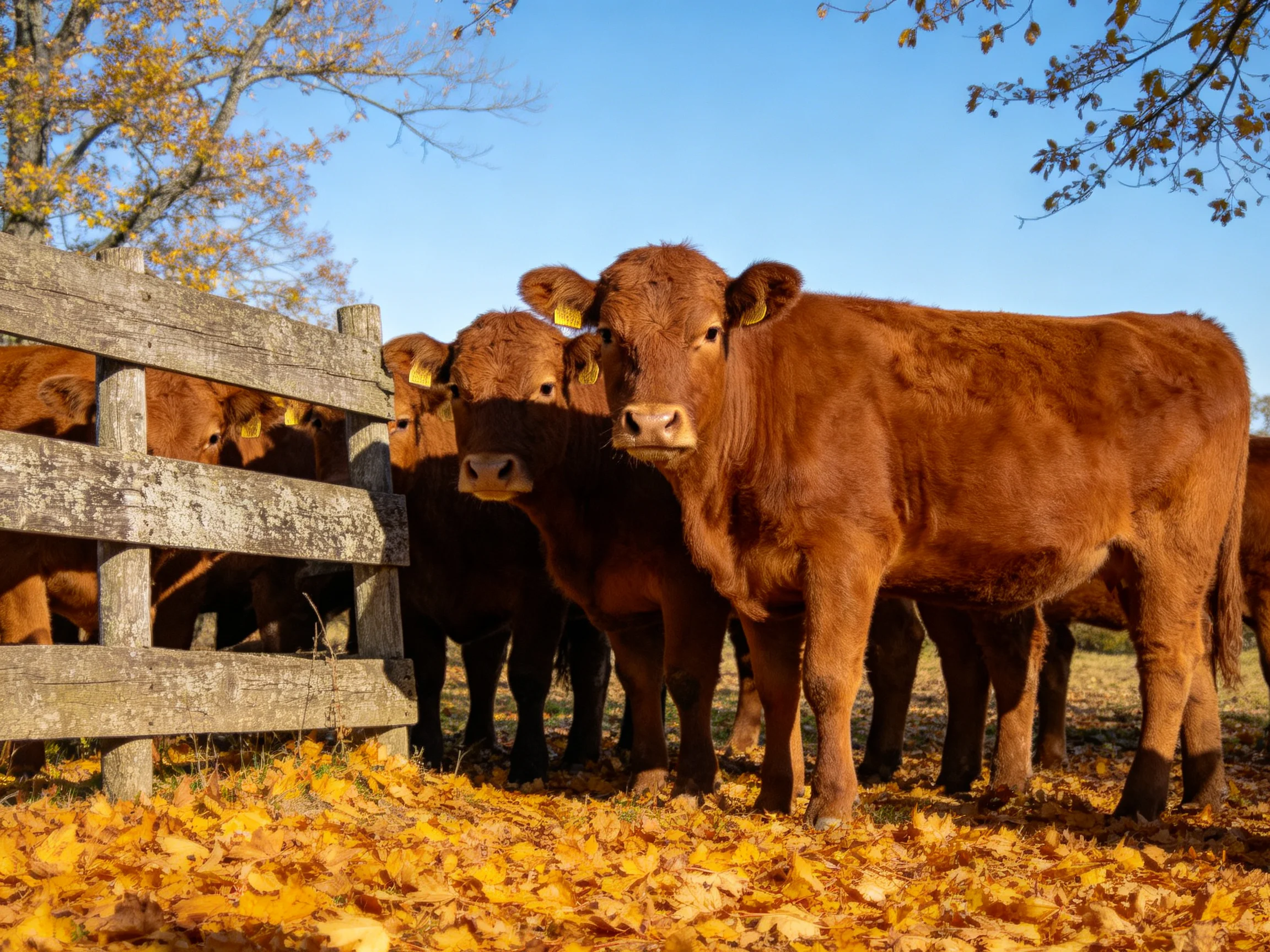 Six brown cattle gather by an old wooden fence with golden autumn leaves