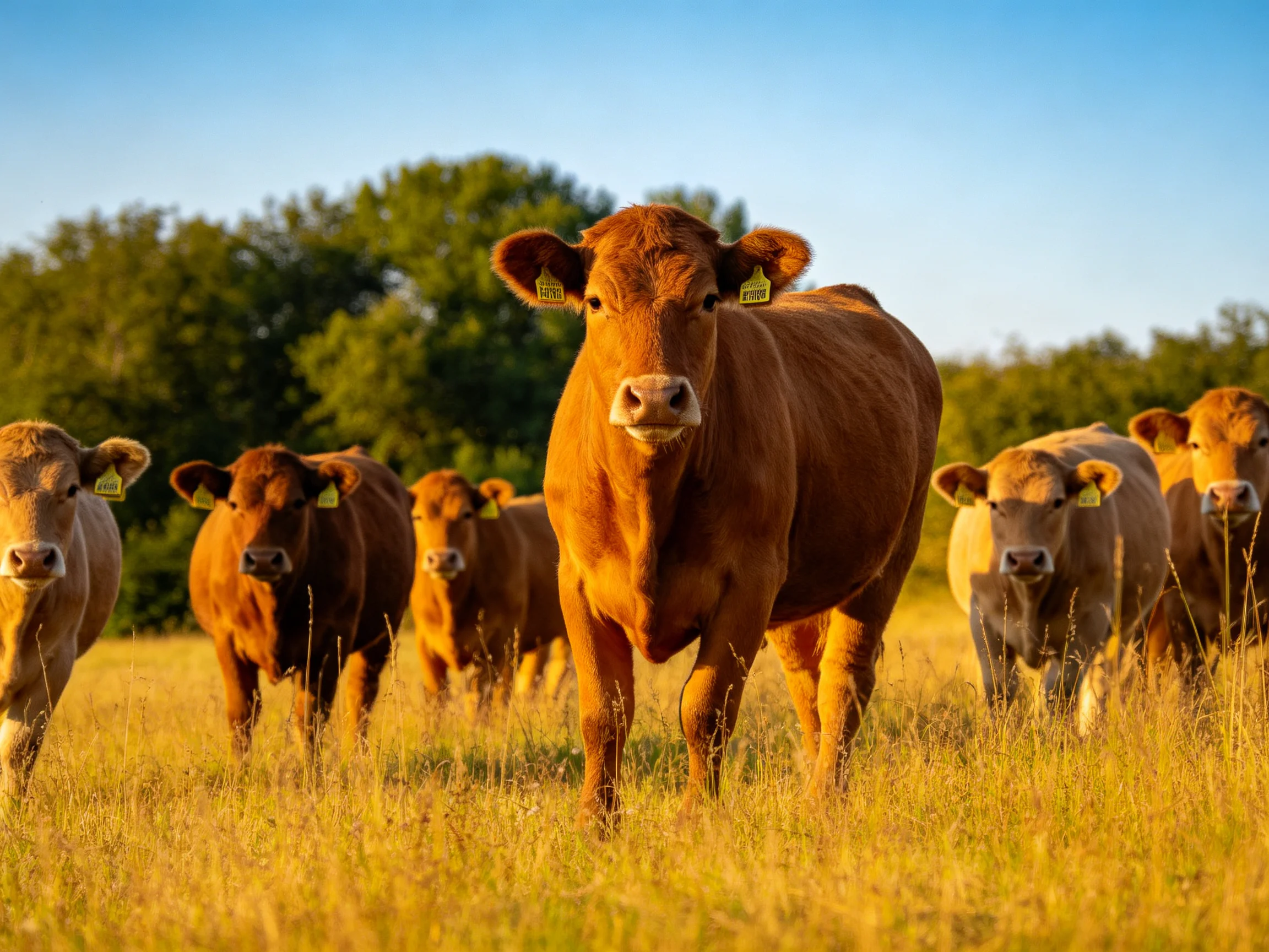 Six brown cattle gather in a golden meadow with green trees