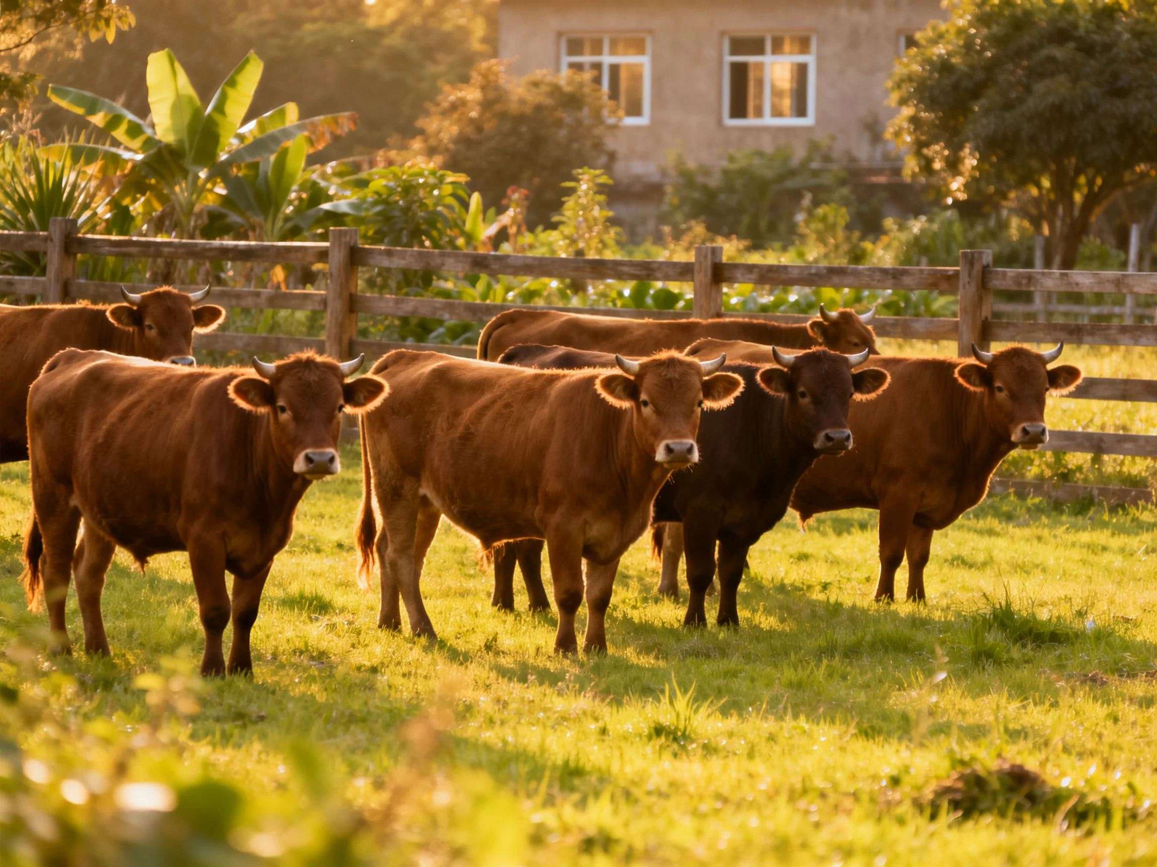 Six brown cattle graze in a sunlit fenced pasture