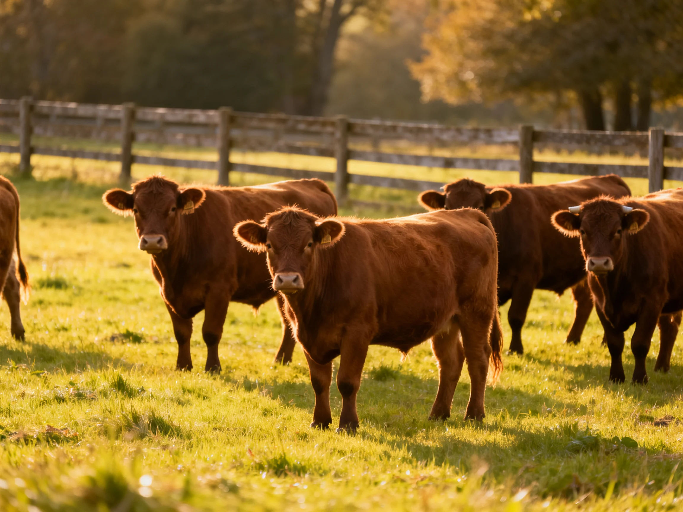 Six brown cattle graze in a sunlit green pasture near wooden fencing