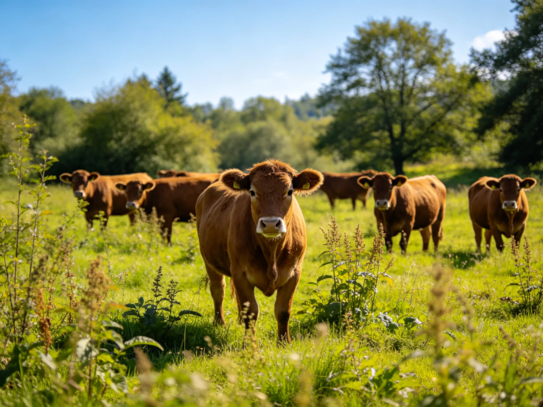 Six brown cattle grazing in a sunlit green meadow with scattered trees