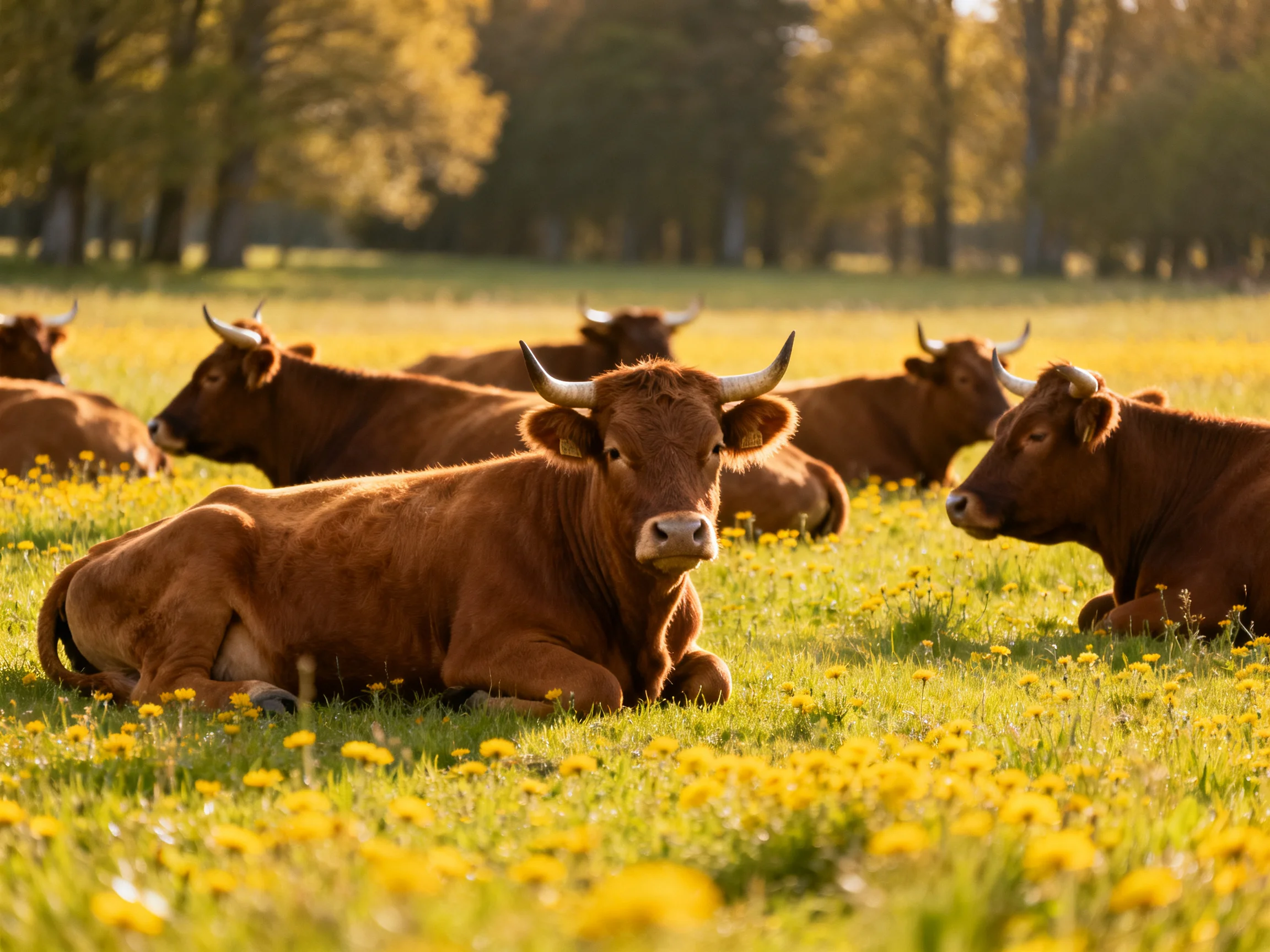 Six brown cattle rest amid yellow wildflowers in a sunlit meadow