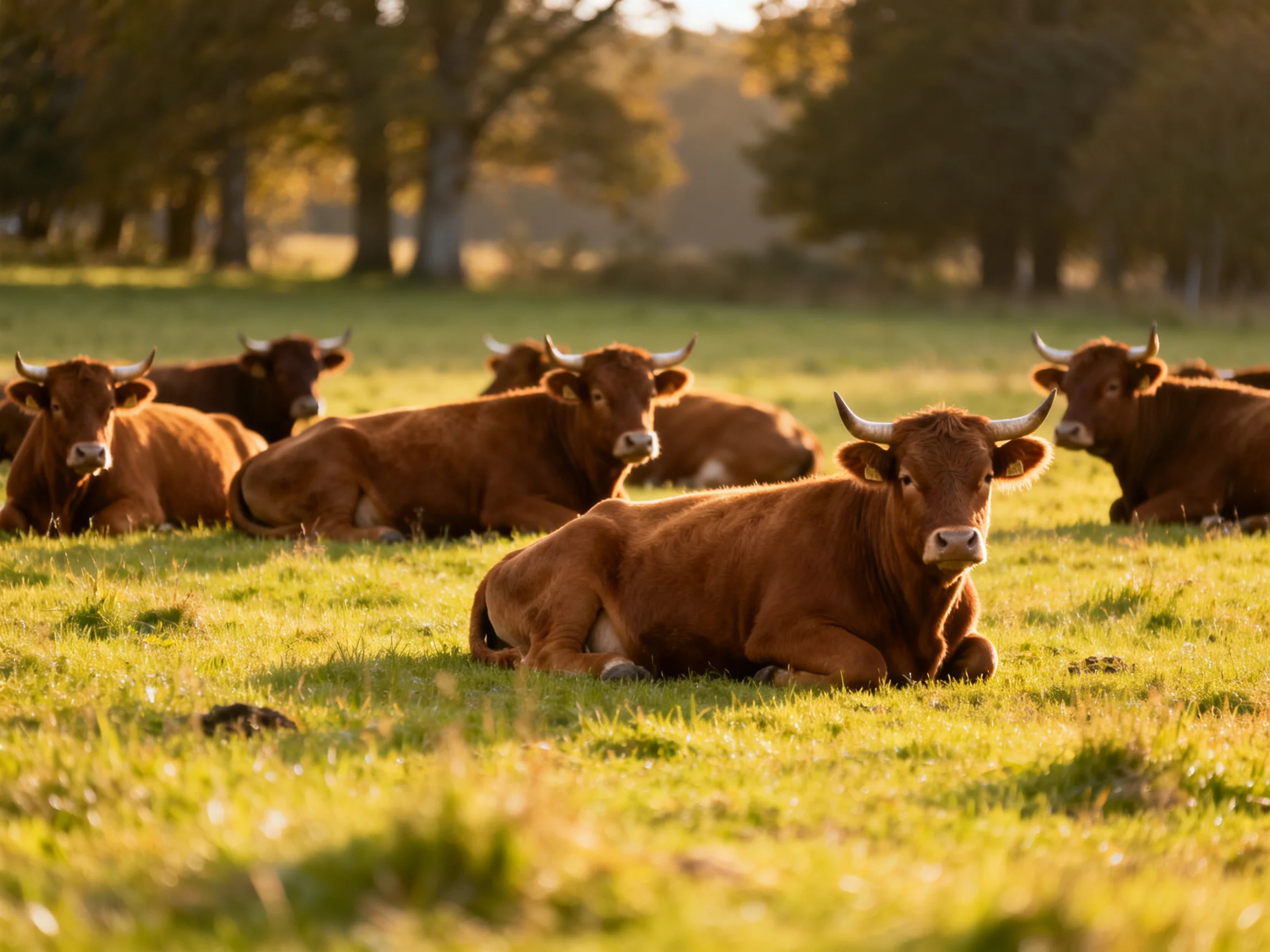 Six brown cattle rest in a sunlit green pasture near trees