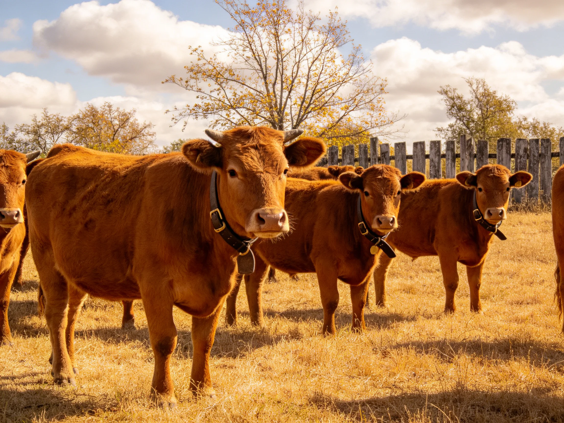 Six brown cattle stand in a golden field near a wooden fence