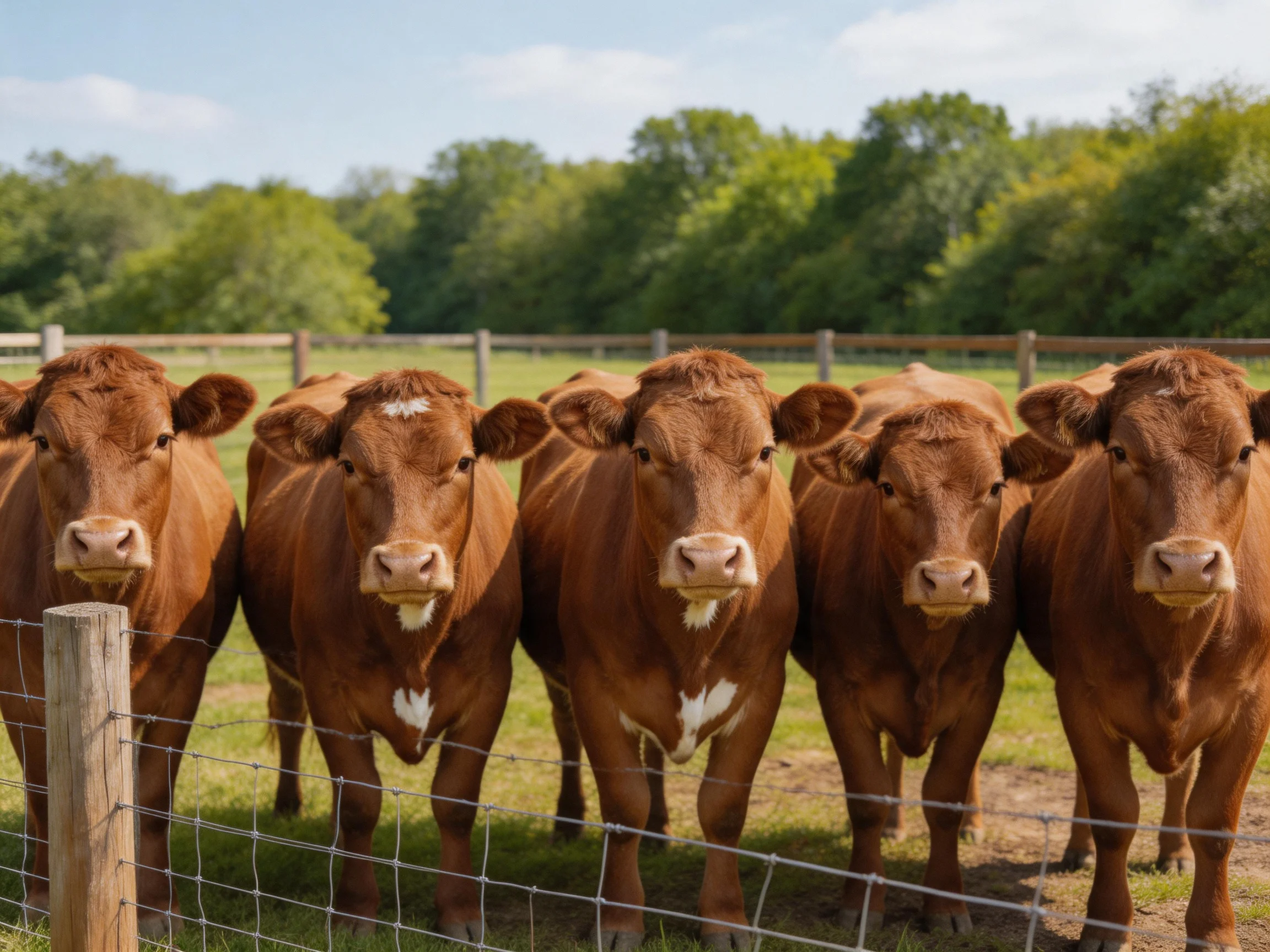 Six brown cows gather behind a wire fence in a sunlit pasture