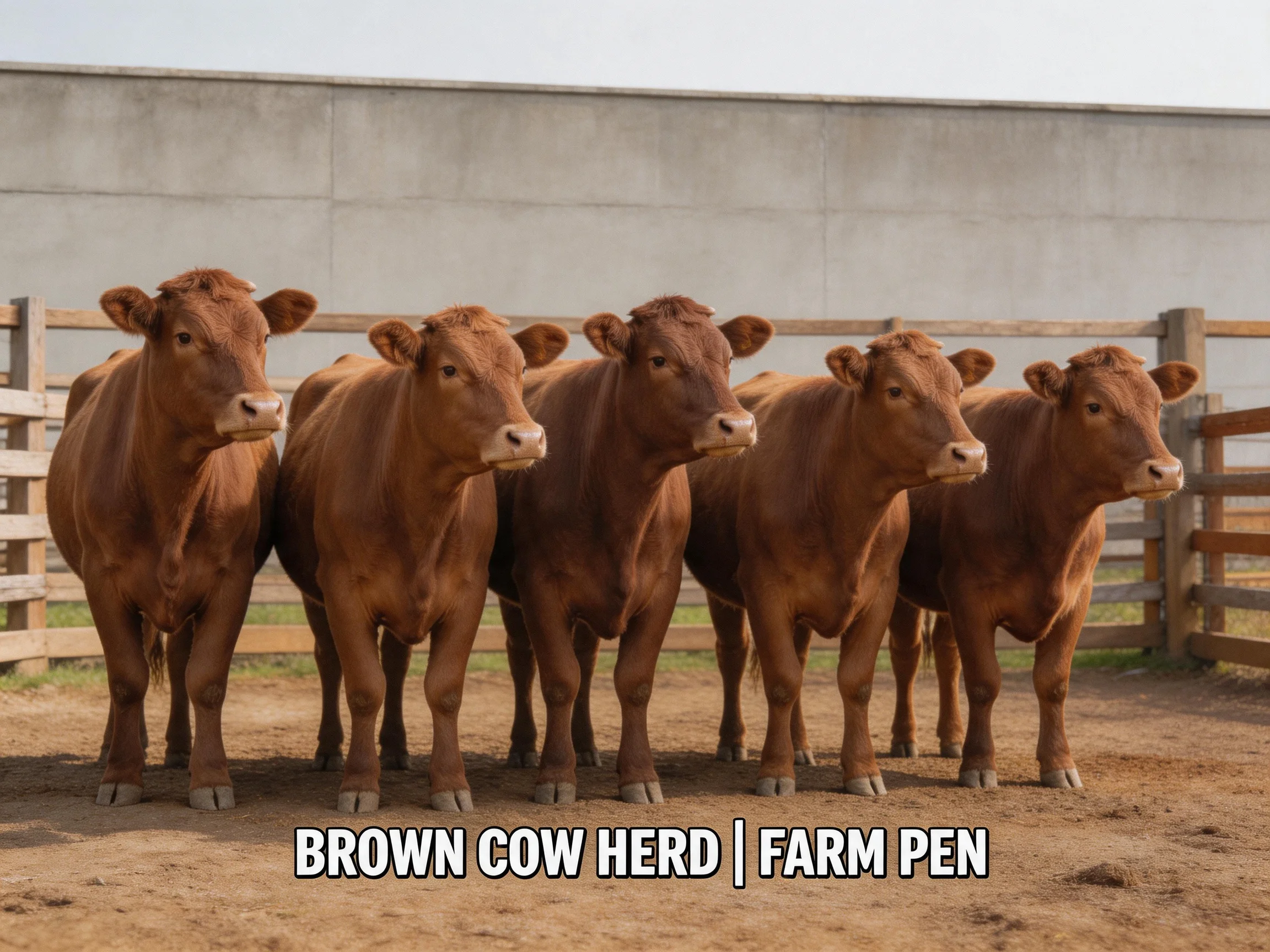 Six brown cows gathered in a farm pen enclosure