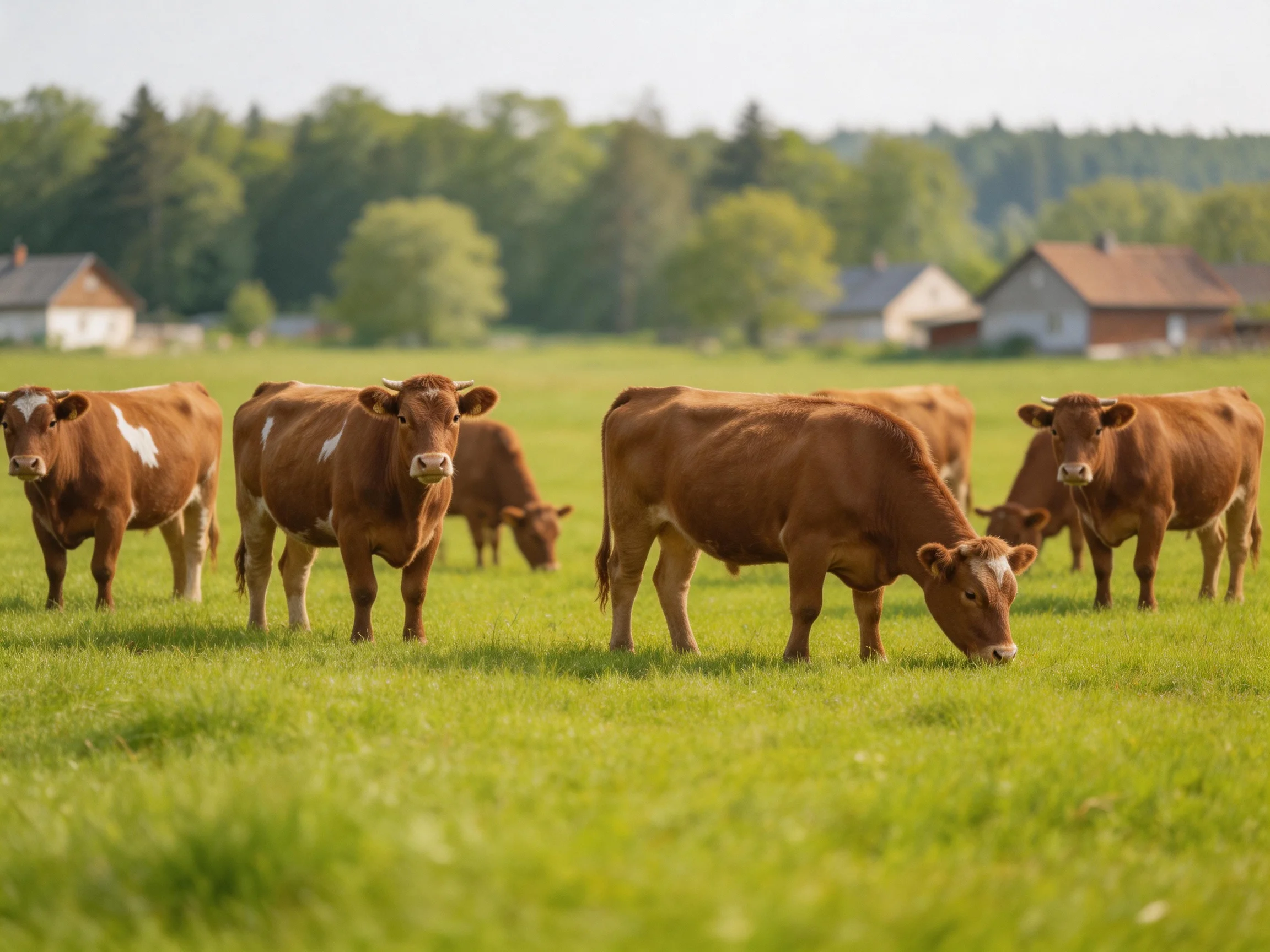 Six brown cows graze in a sunlit green pasture near farmhouses