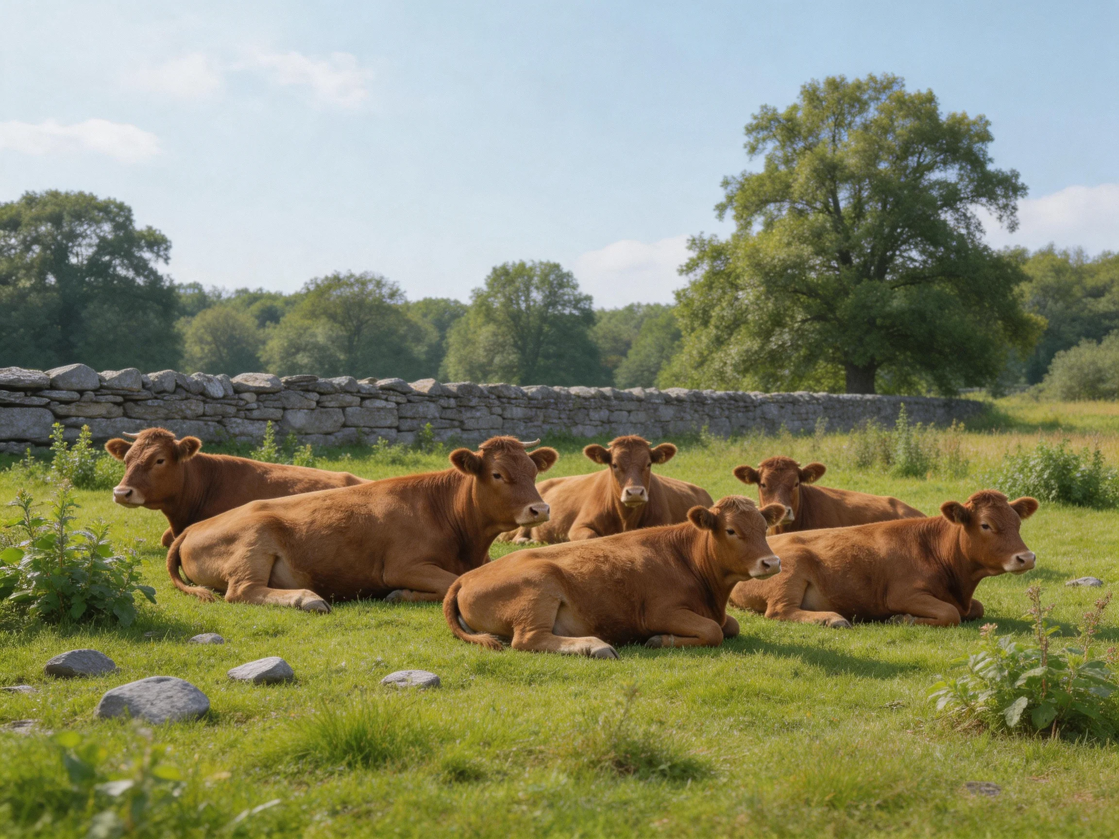 Six brown cows relax in a sunny grassy field beside a stone wall.