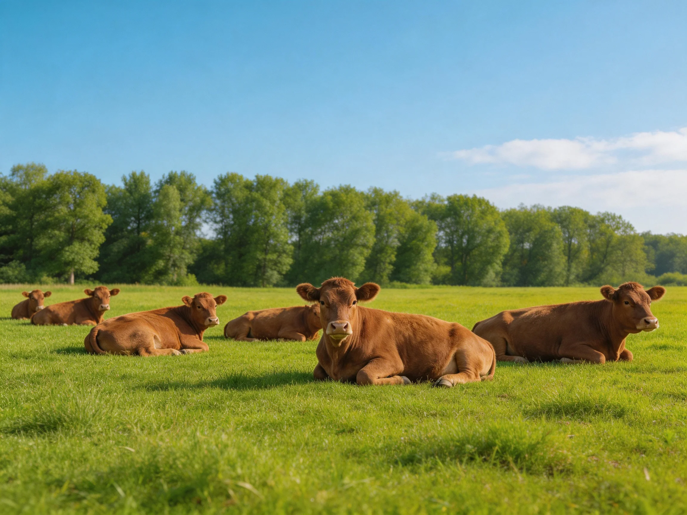 Six brown cows rest in a lush green pasture under clear blue sky