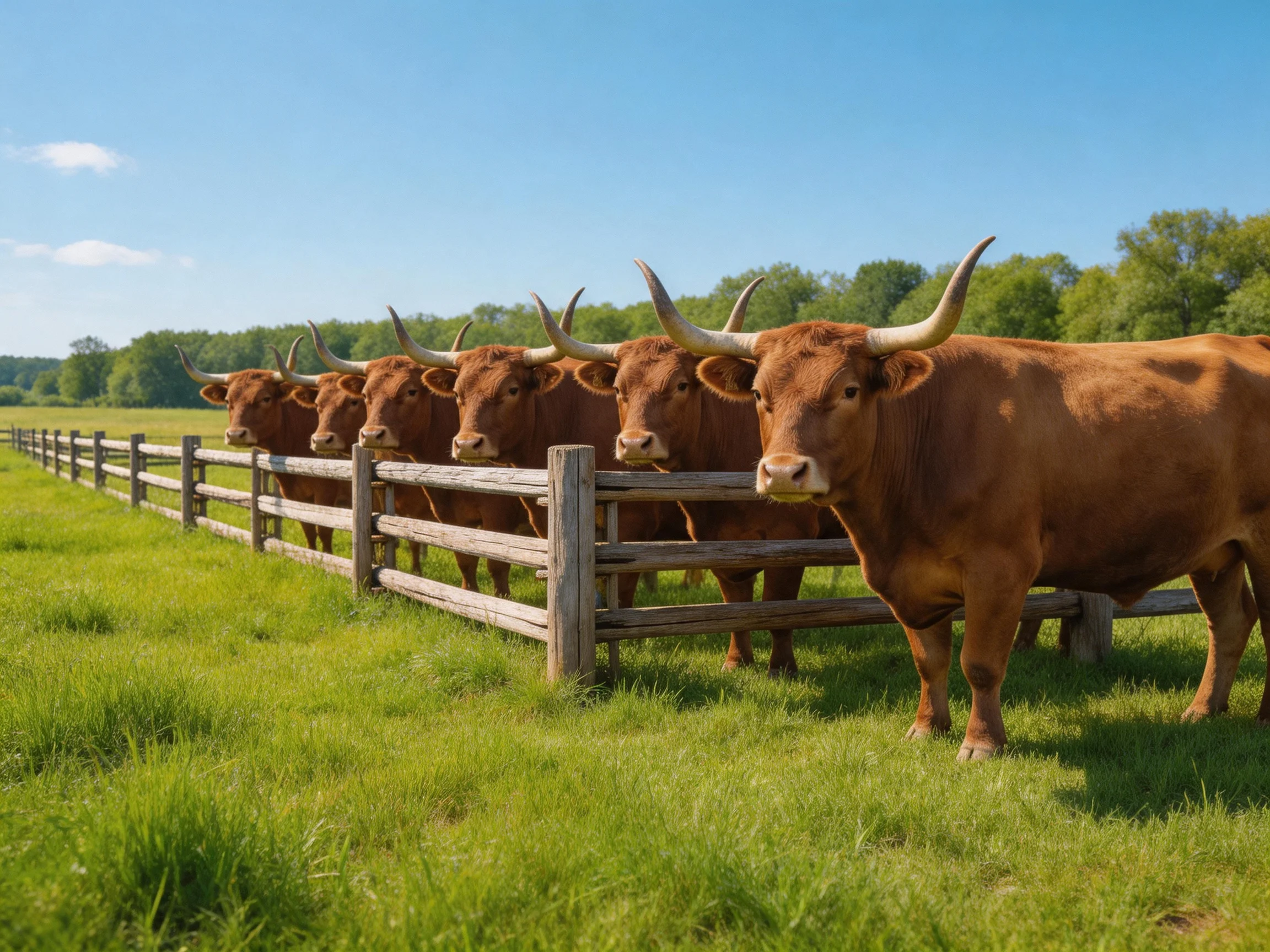Six brown horned cattle gather by a wooden fence in a sunny pasture