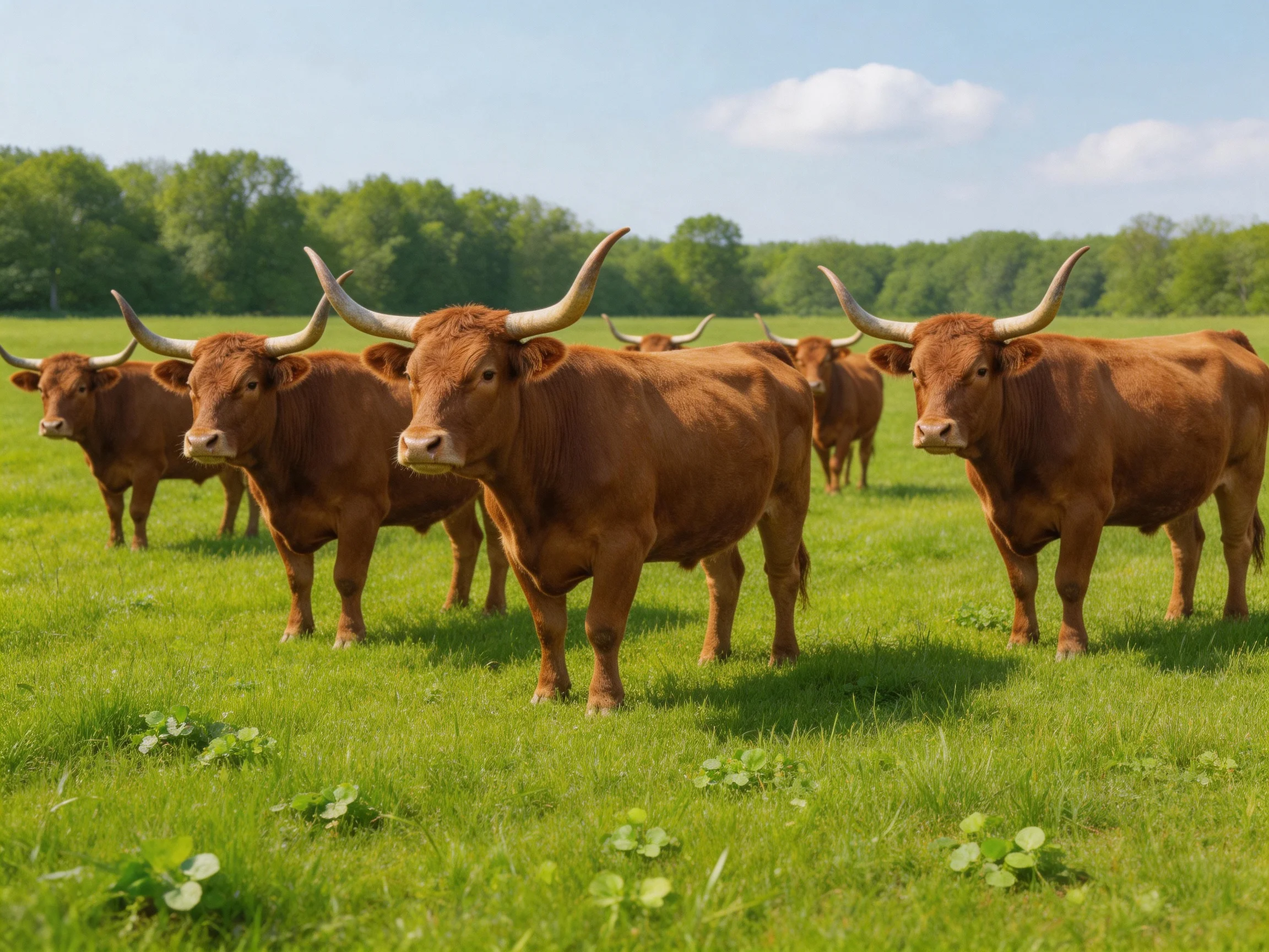 Six brown horned cattle graze in a lush green pasture
