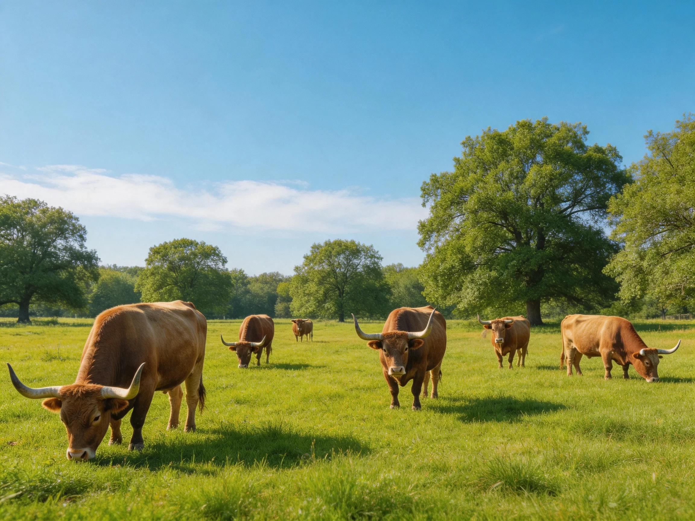 Six brown longhorn cattle graze in a lush green meadow