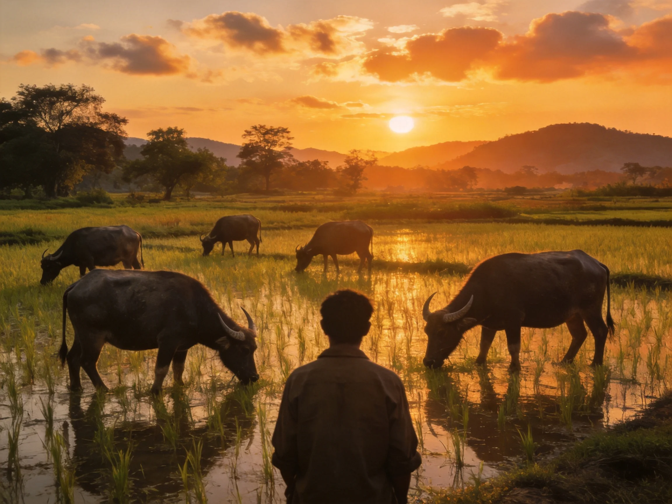 Six buffaloes graze in golden rice fields at sunset