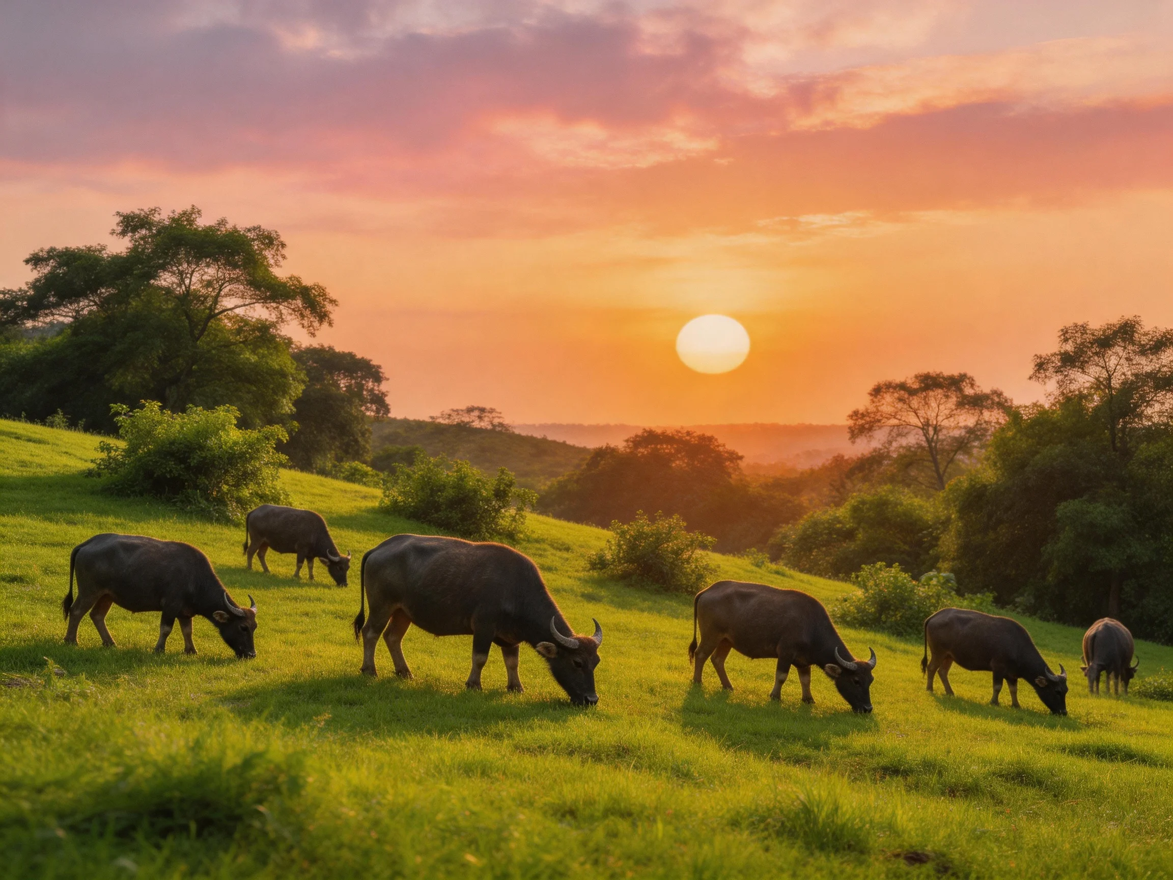 Six buffaloes graze on a lush green hillside during a vibrant sunset