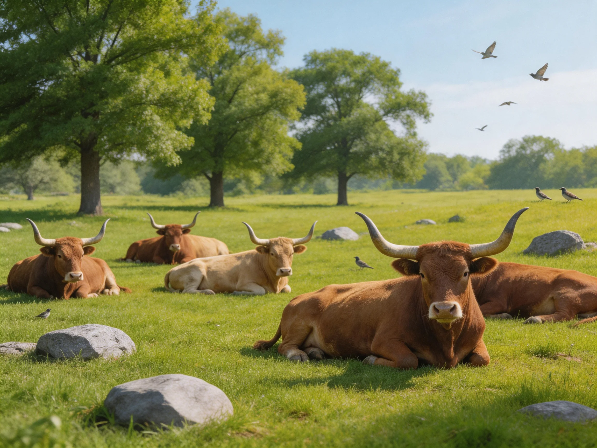 Six cattle of brown and tan hues relax in a verdant pasture with rocks and trees