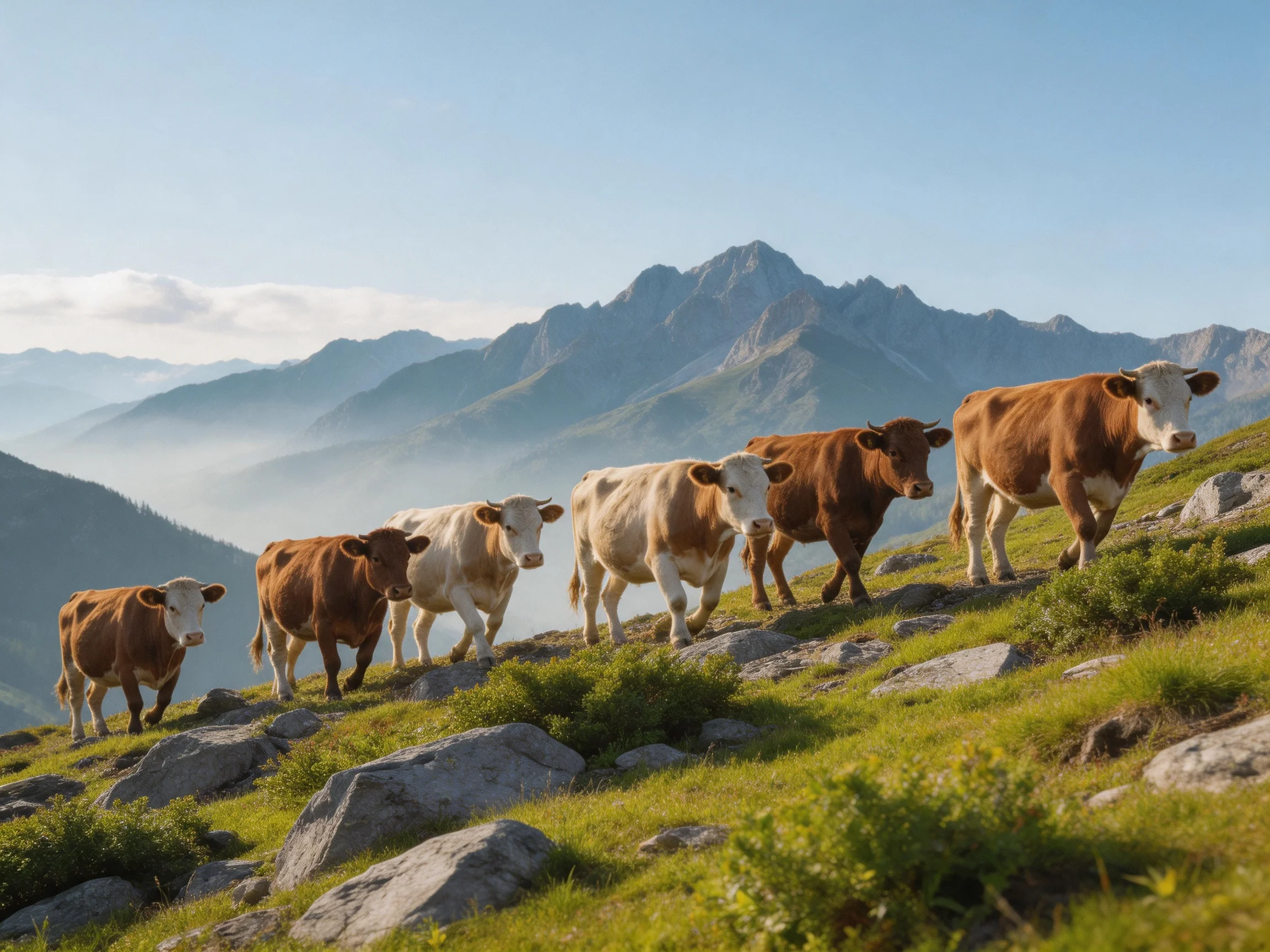 Six cattle traverse a rocky mountain meadow with misty peaks