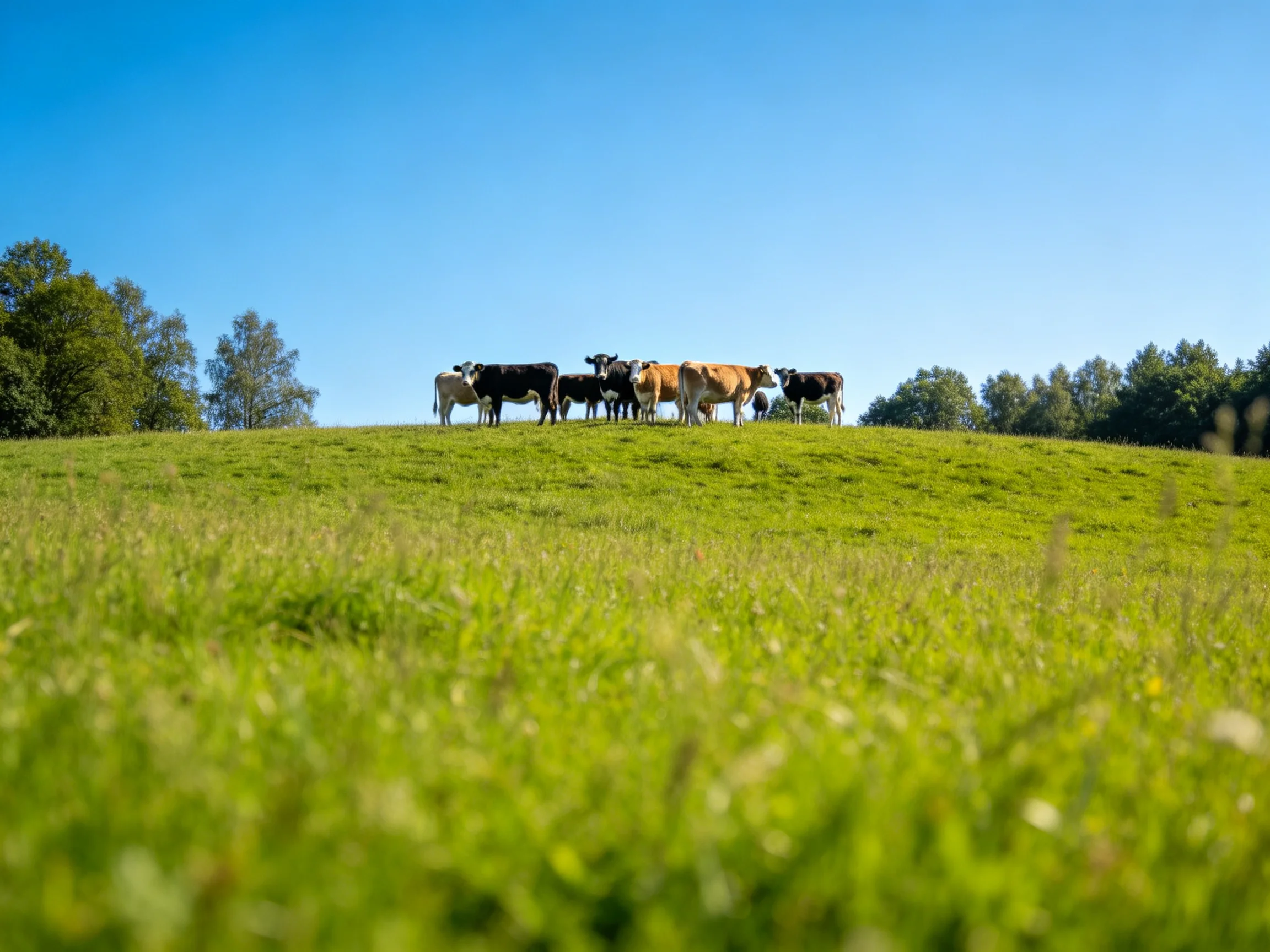Six cows gather on a lush green hilltop under bright blue sky