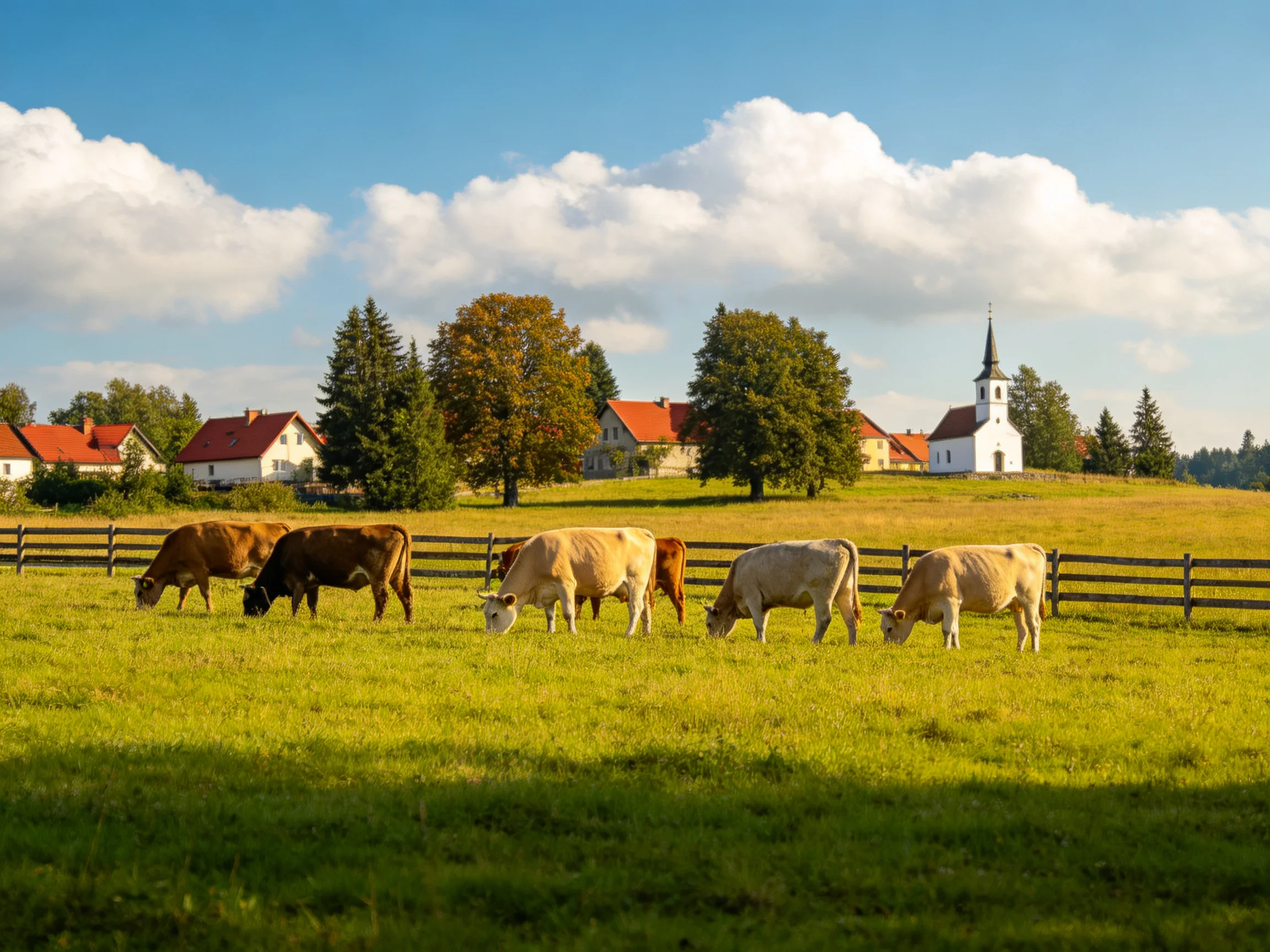 Six cows graze in a golden field near red-roofed homes and a white church