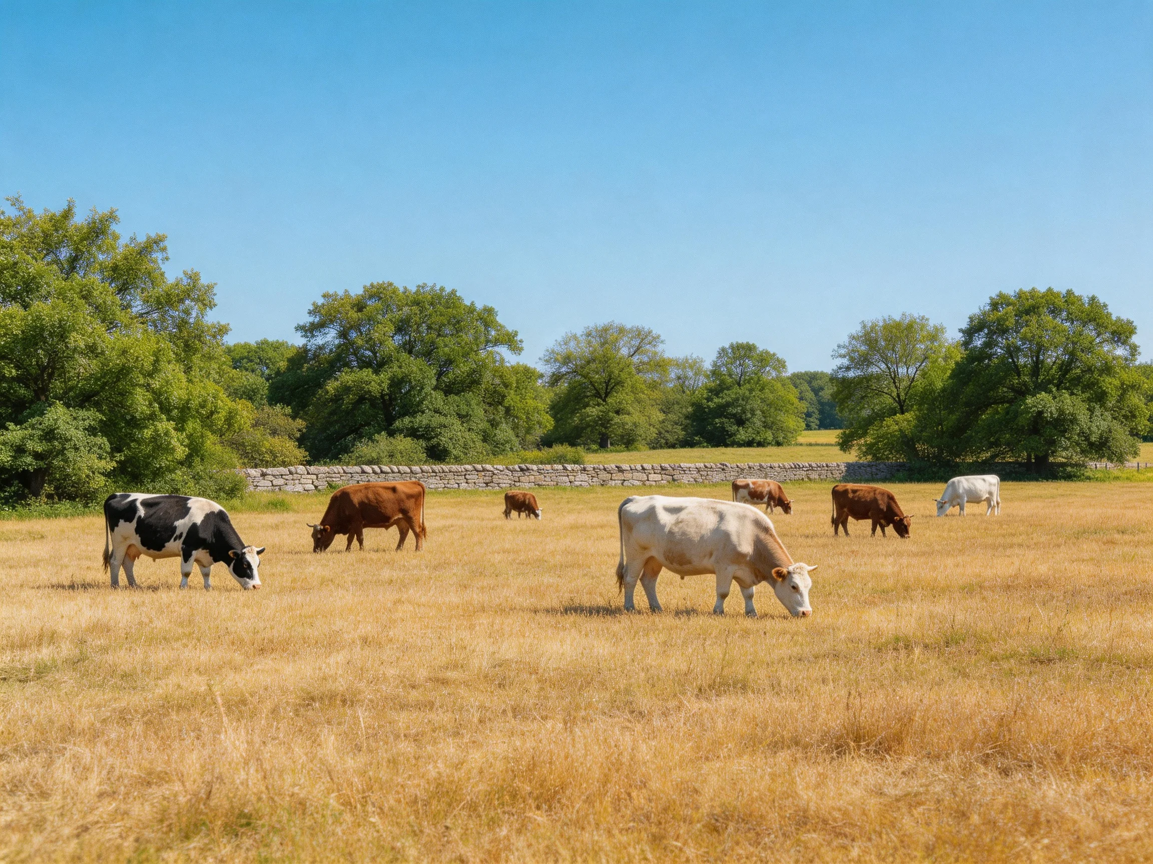 Six cows graze in a sunny field surrounded by trees.