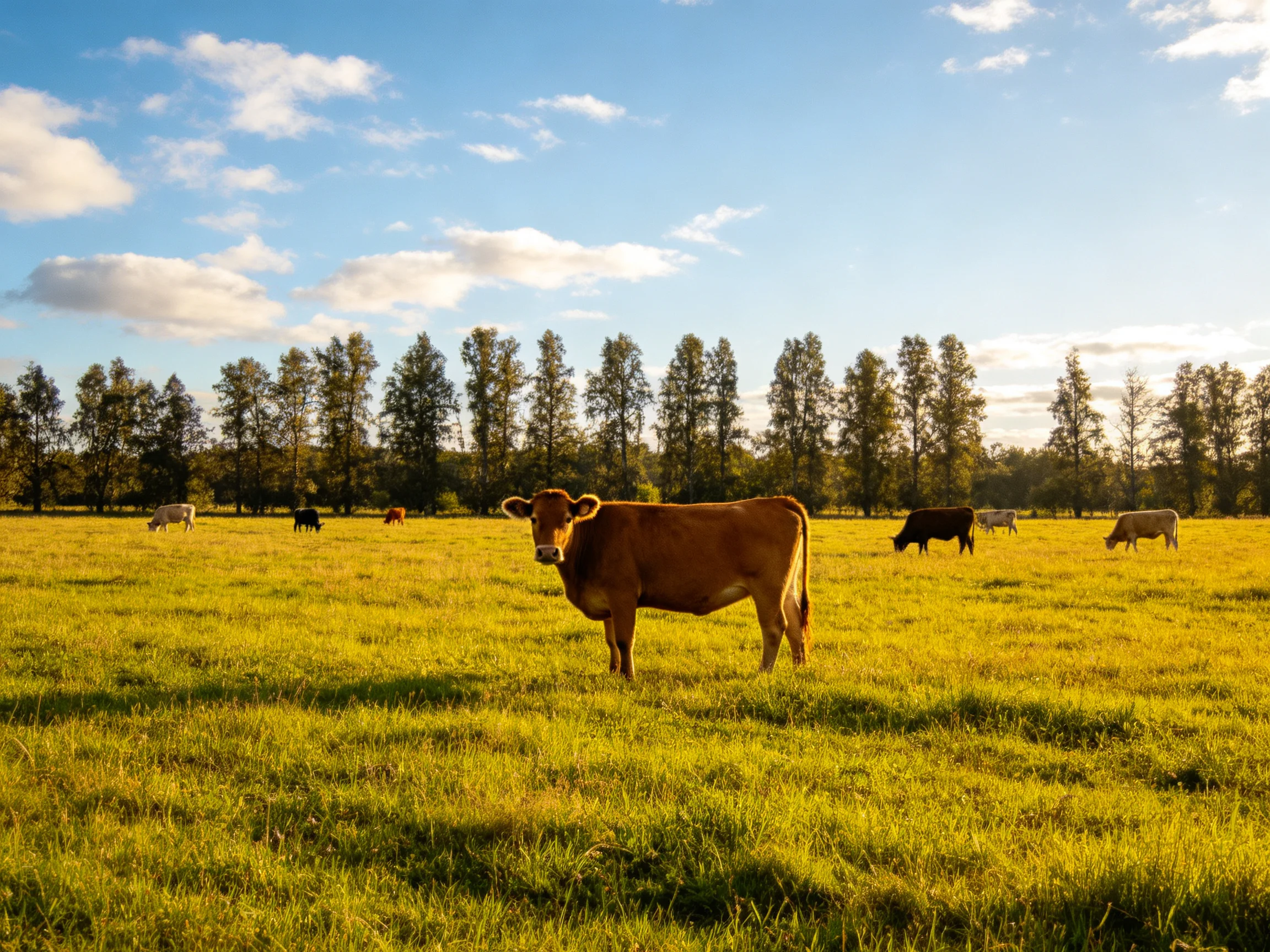 Six cows graze in a golden meadow near tall trees