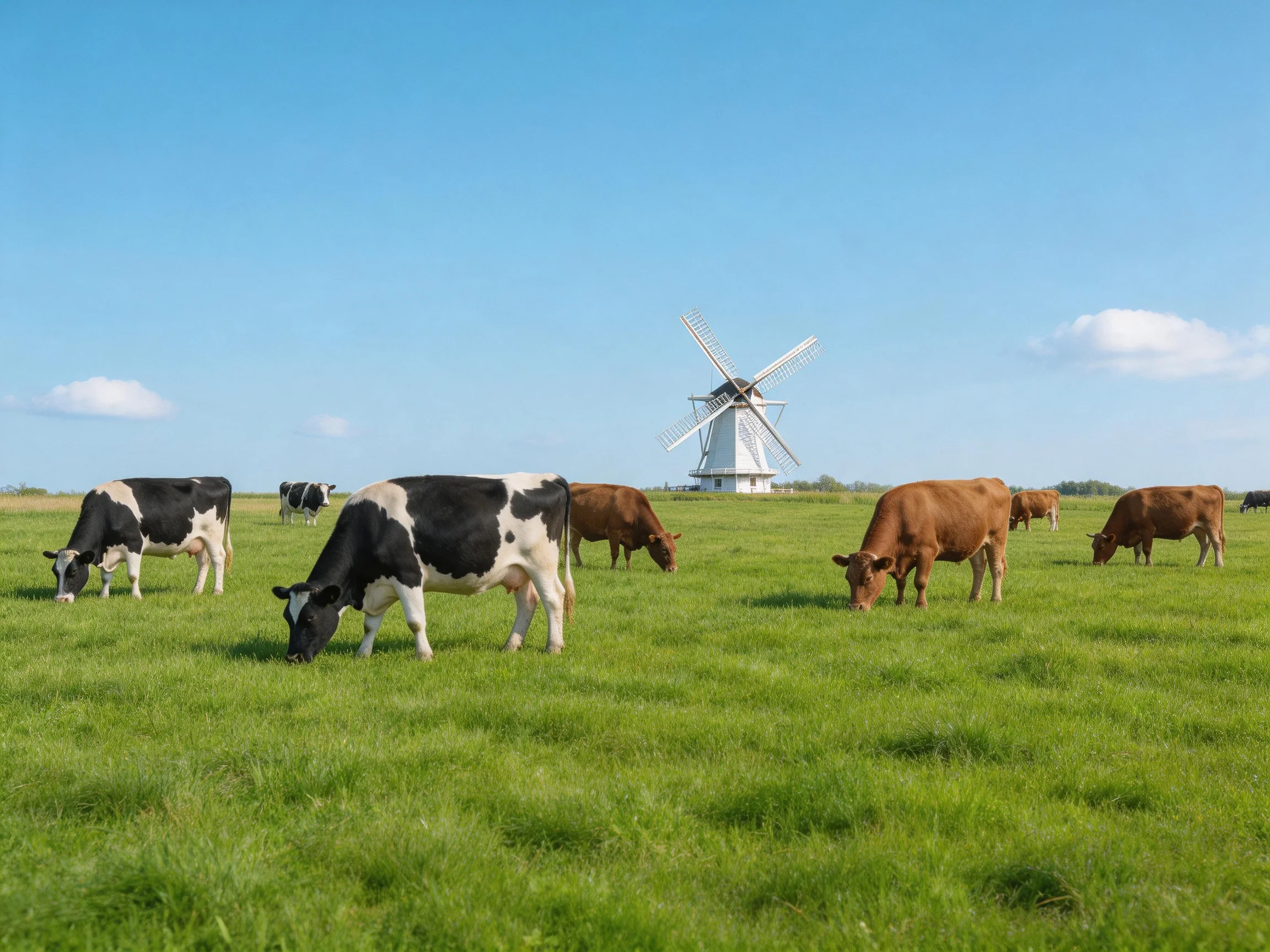 Six cows graze in a lush green meadow beside a white windmill
