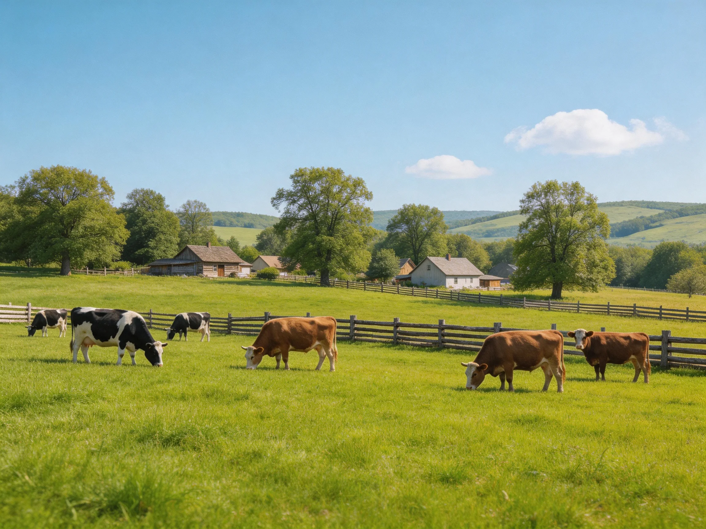 Six cows graze in a lush green pasture near wooden farmhouses