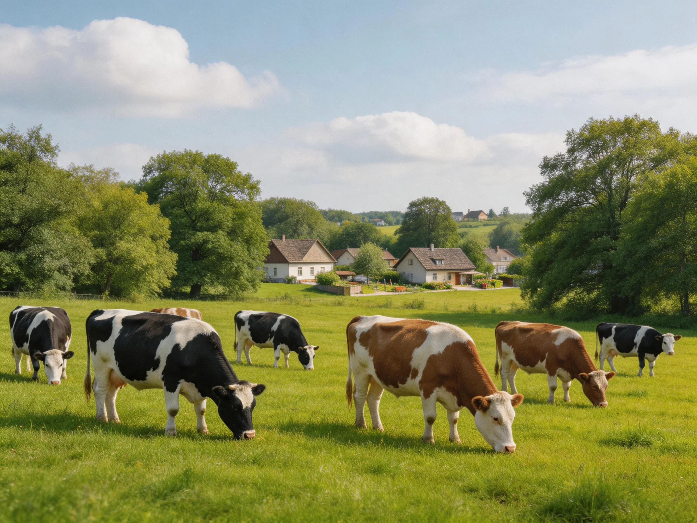 Six cows graze in a sunny green pasture with houses in the distance