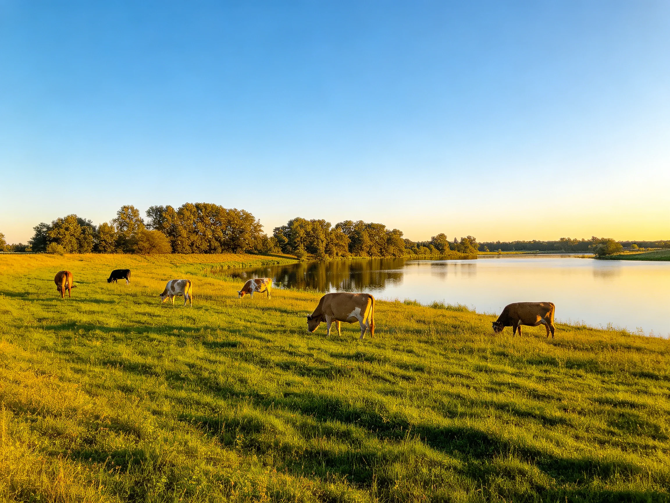 Cows graze on a golden meadow beside a calm lake under a clear blue sky.