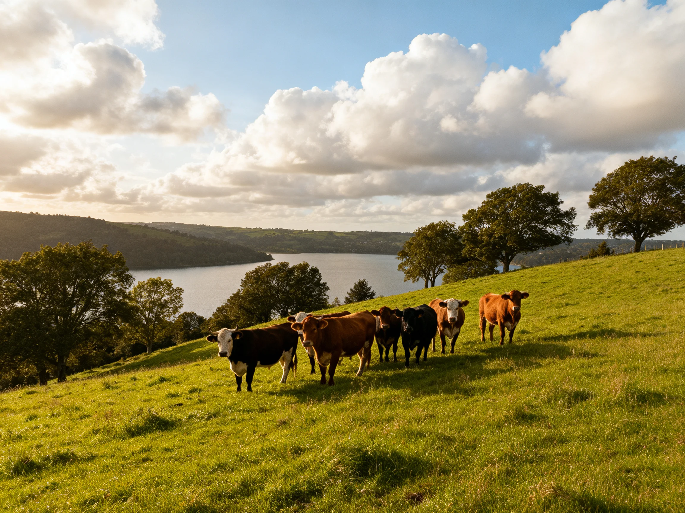 Six cows graze on a lush green hillside near a calm lake