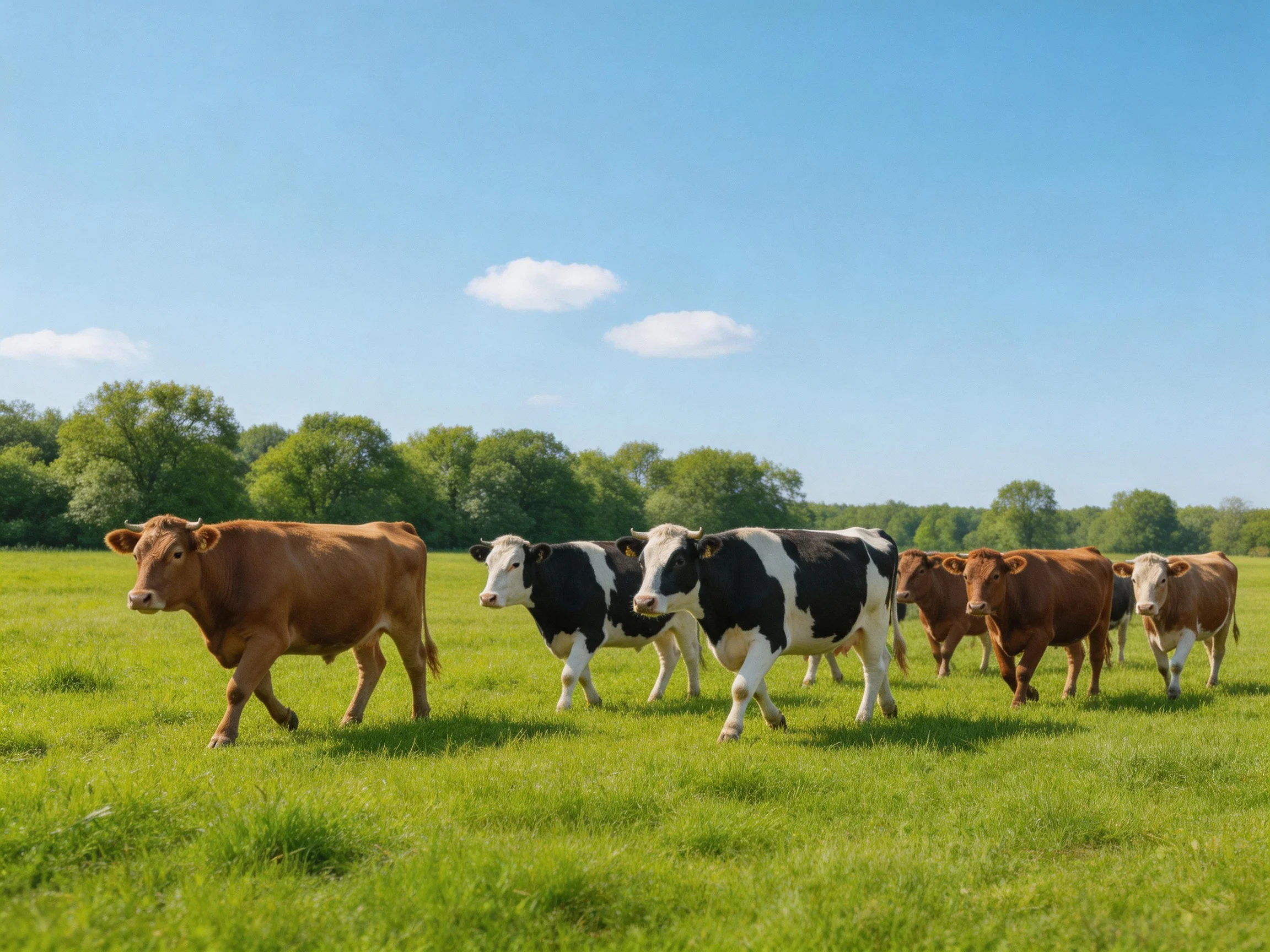Six cows, including brown and black-and-white, walk through a green pasture