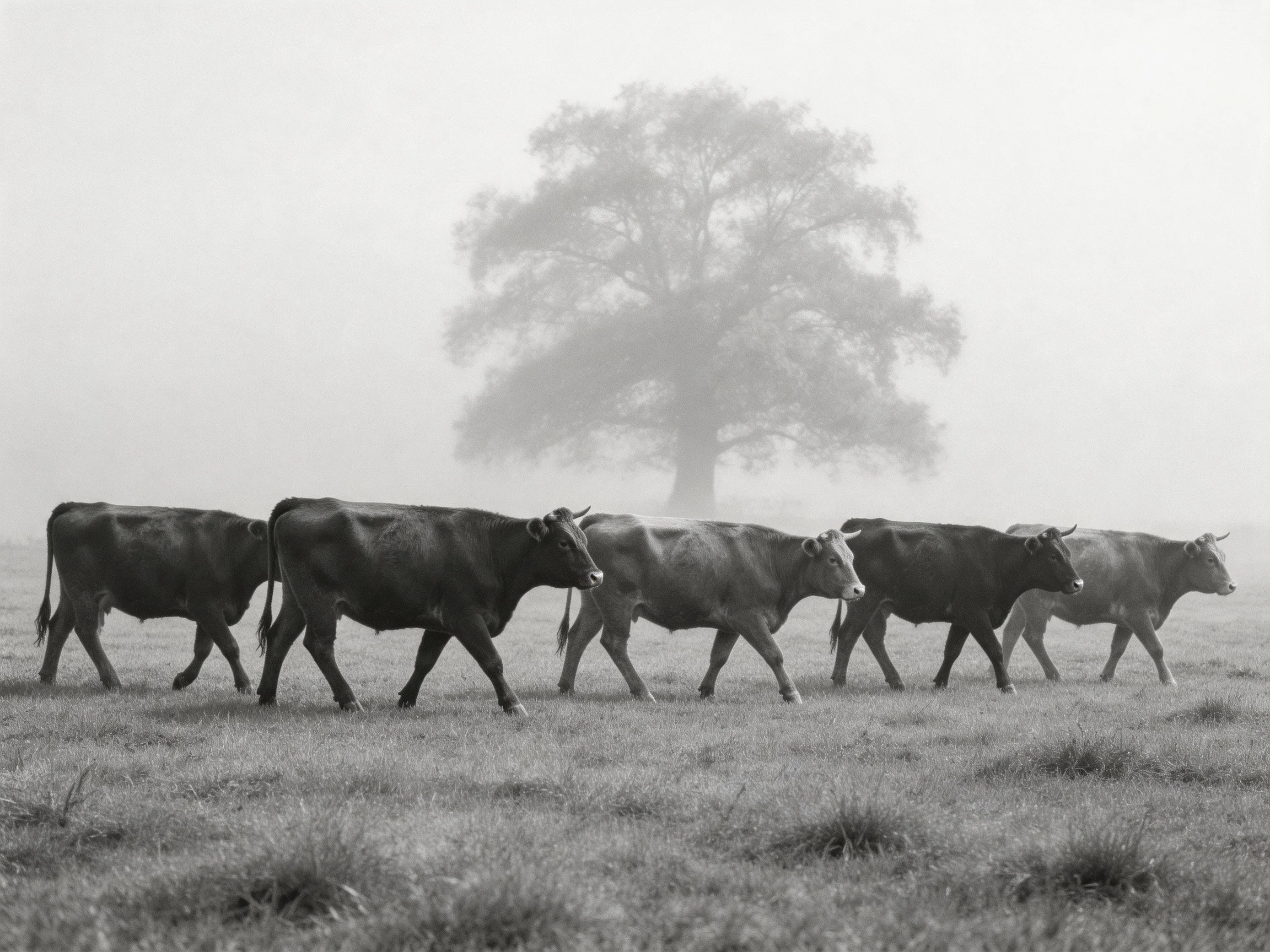 Six cows march through a foggy field beside a large tree